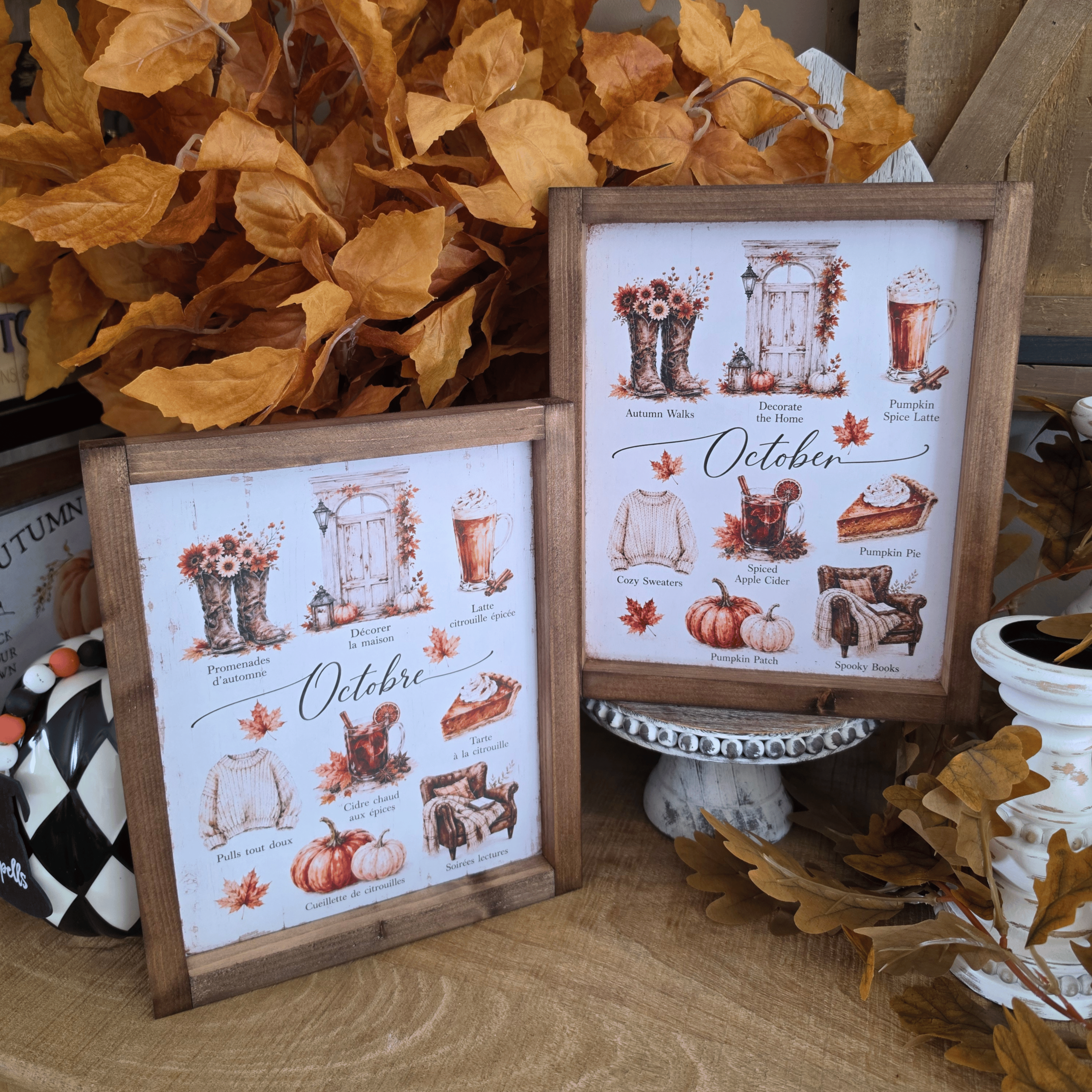 Cadre automne farmhouse Les Plaisirs d’Octobre en français et en anglais