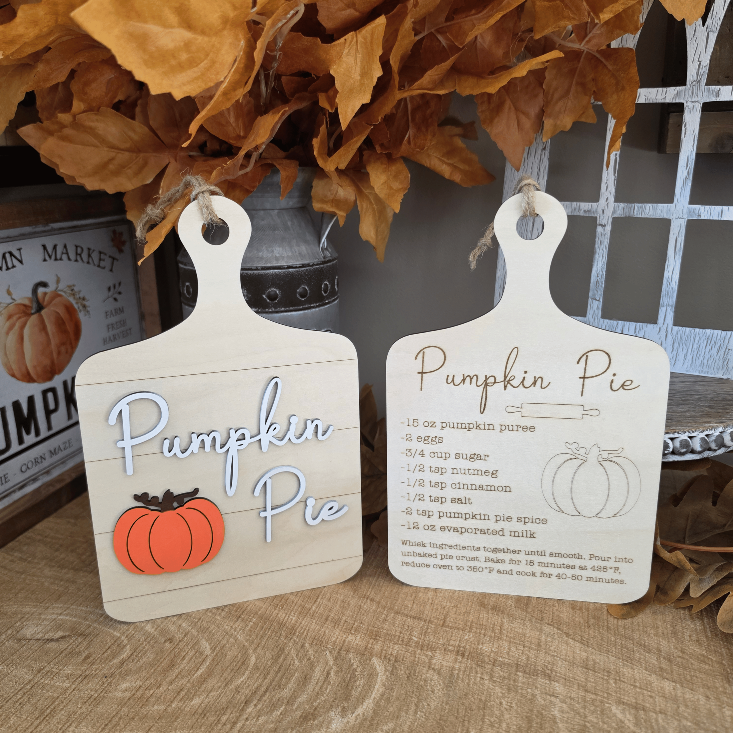Duo de planches décoratives Pumpkin Pie en bois avec citrouille et recette
