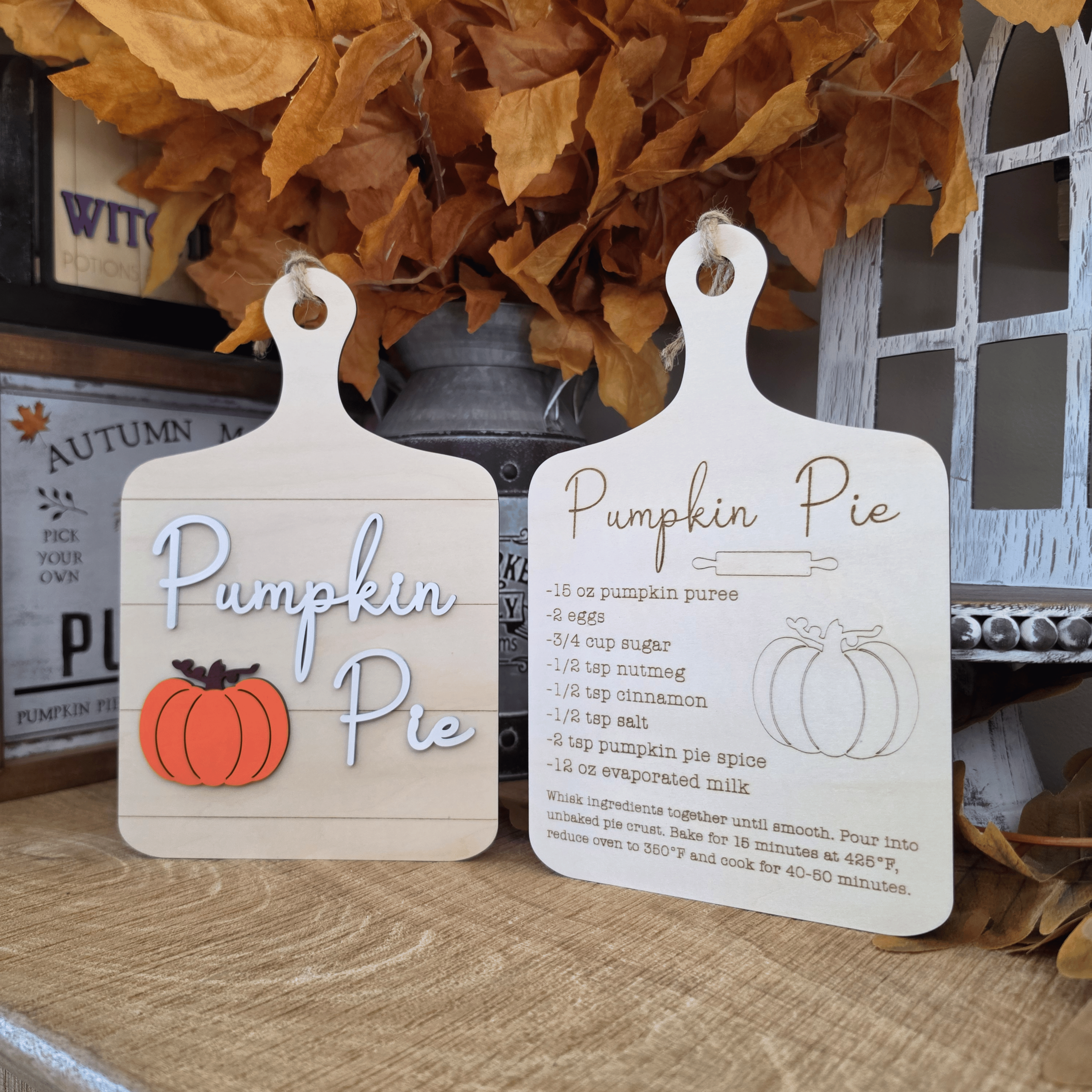 Duo de planches décoratives Pumpkin Pie en bois avec citrouille et recette