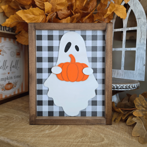 Cadre sign farmhouse Halloween avec fantôme en bois et citrouille orange