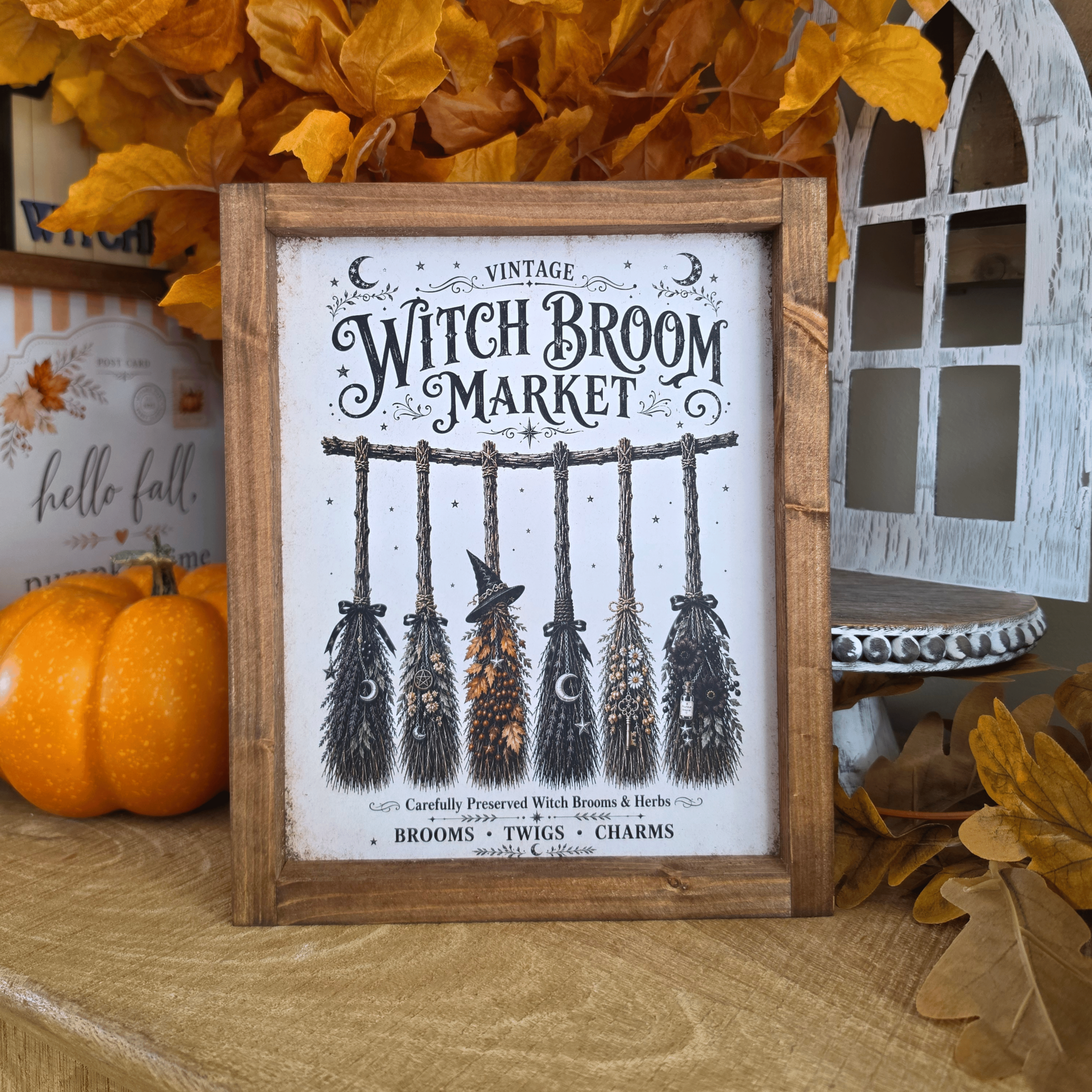 Cadre sign farmhouse Halloween Witch Broom Market avec balais de sorcière