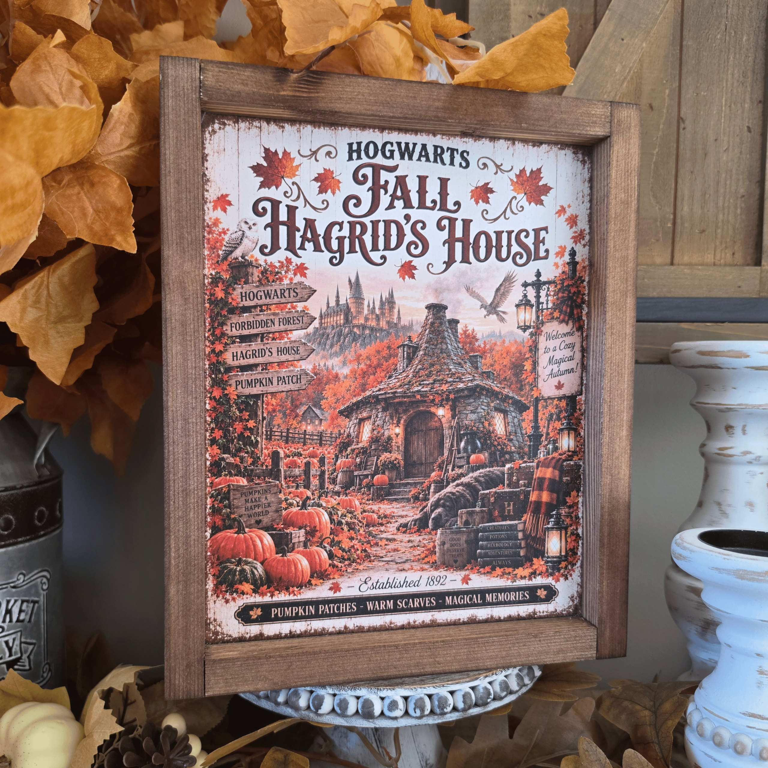 Cadre sign farmhouse automne Hogwarts Hagrid’s House avec citrouilles