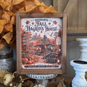 Cadre sign farmhouse automne Hogwarts Hagrid’s House avec citrouilles