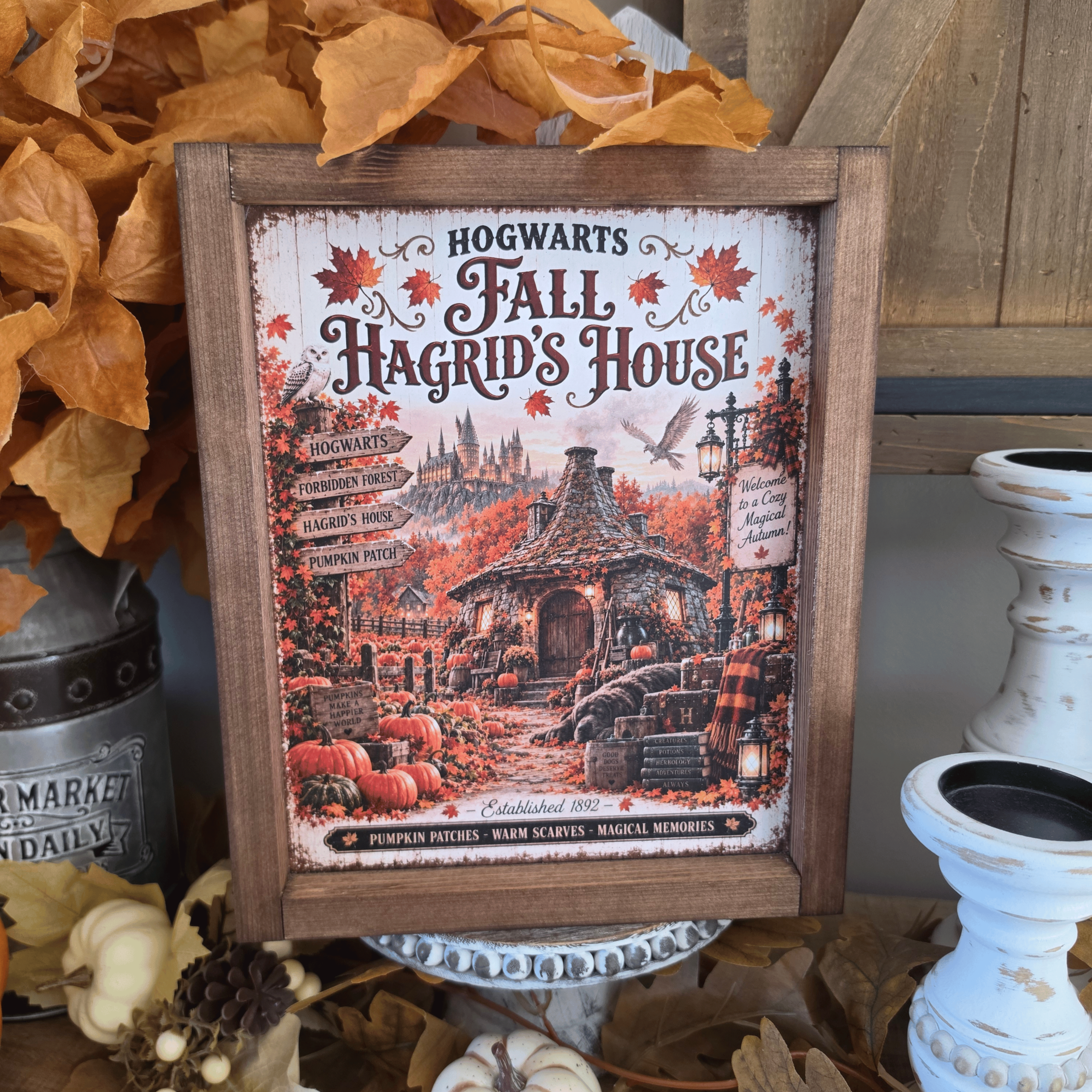 Cadre sign farmhouse automne Hogwarts Hagrid’s House avec citrouilles