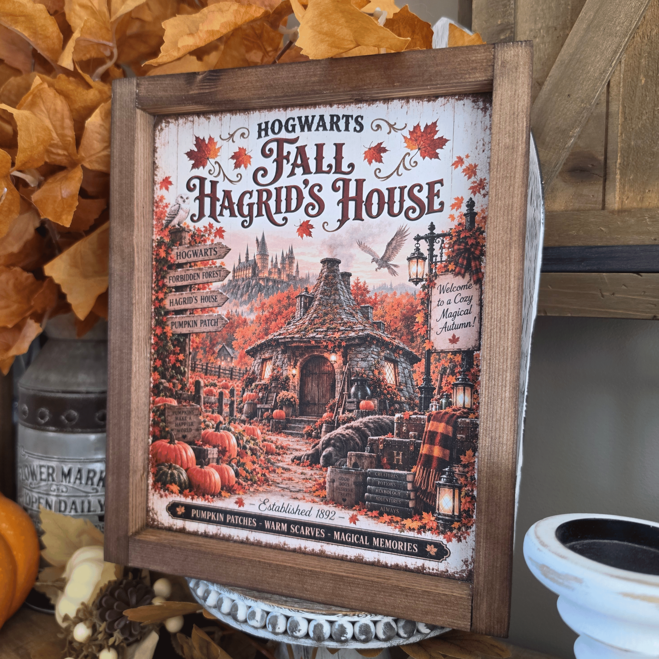 Cadre sign farmhouse automne Hogwarts Hagrid’s House avec citrouilles