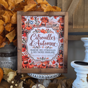 Cadre farmhouse vaches Highland et citrouilles d’automne