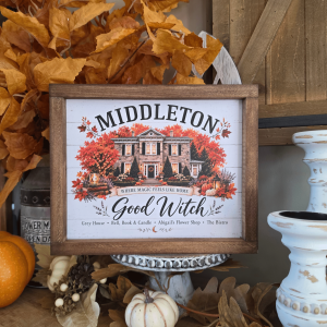 Cadre farmhouse automne Middleton Good Witch avec maison et citrouilles