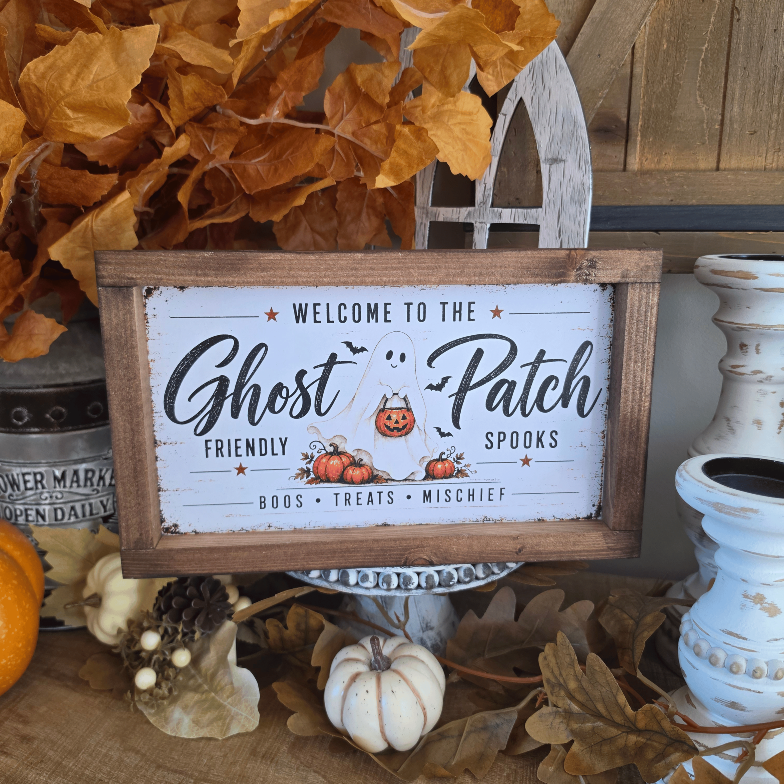 Cadre farmhouse Halloween Ghost Patch avec fantôme et citrouilles
