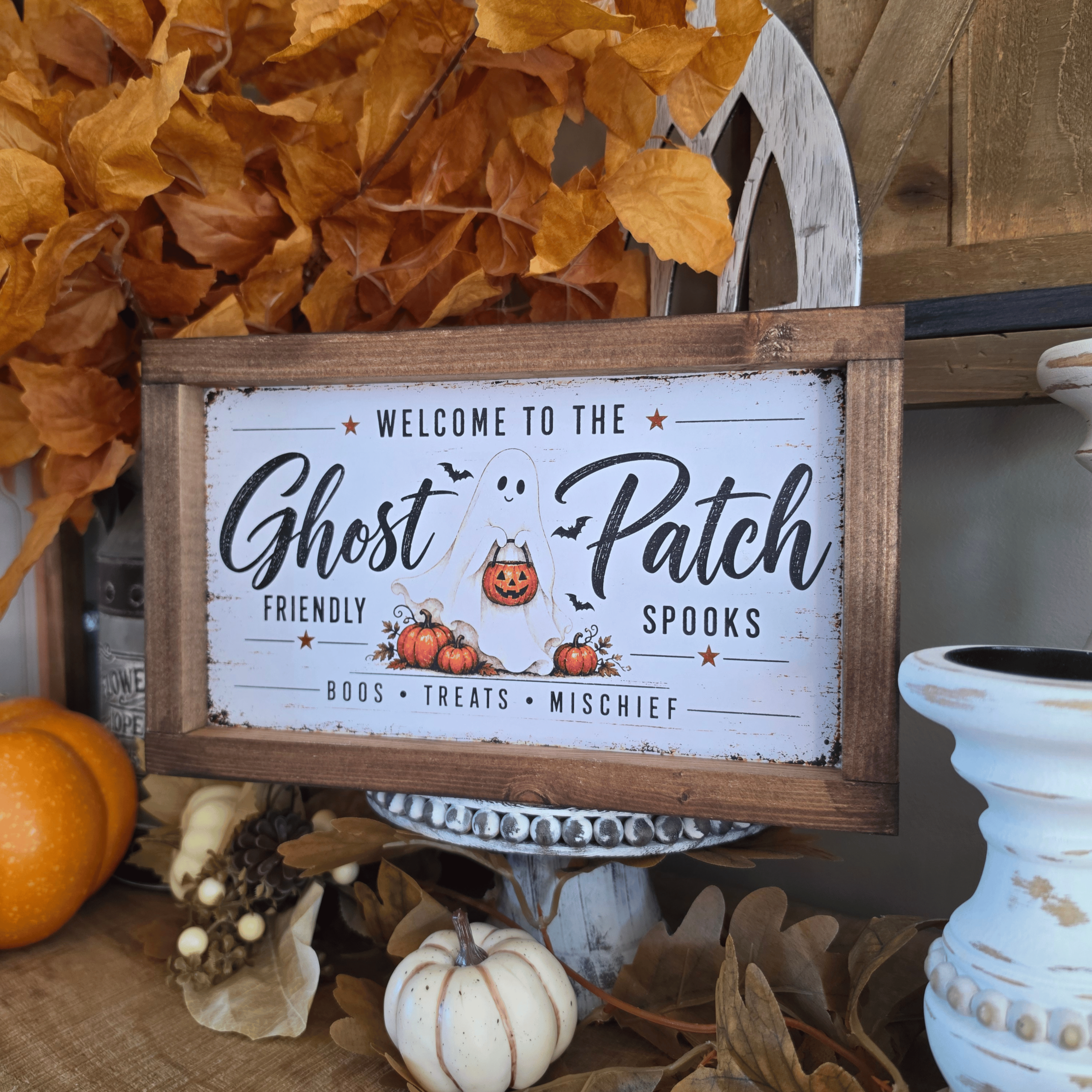 Cadre farmhouse Halloween Ghost Patch avec fantôme et citrouilles