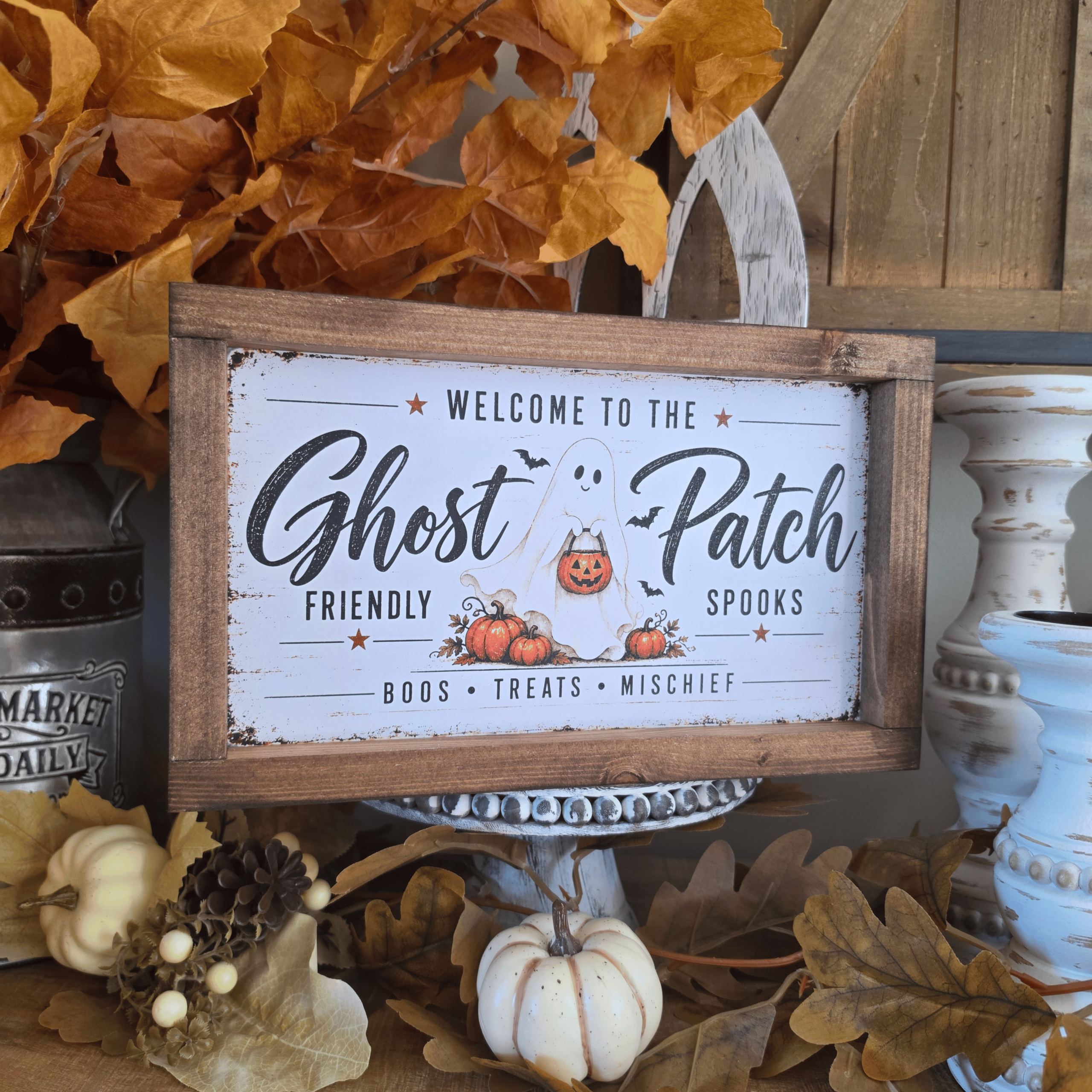 Cadre farmhouse Halloween Ghost Patch avec fantôme et citrouilles