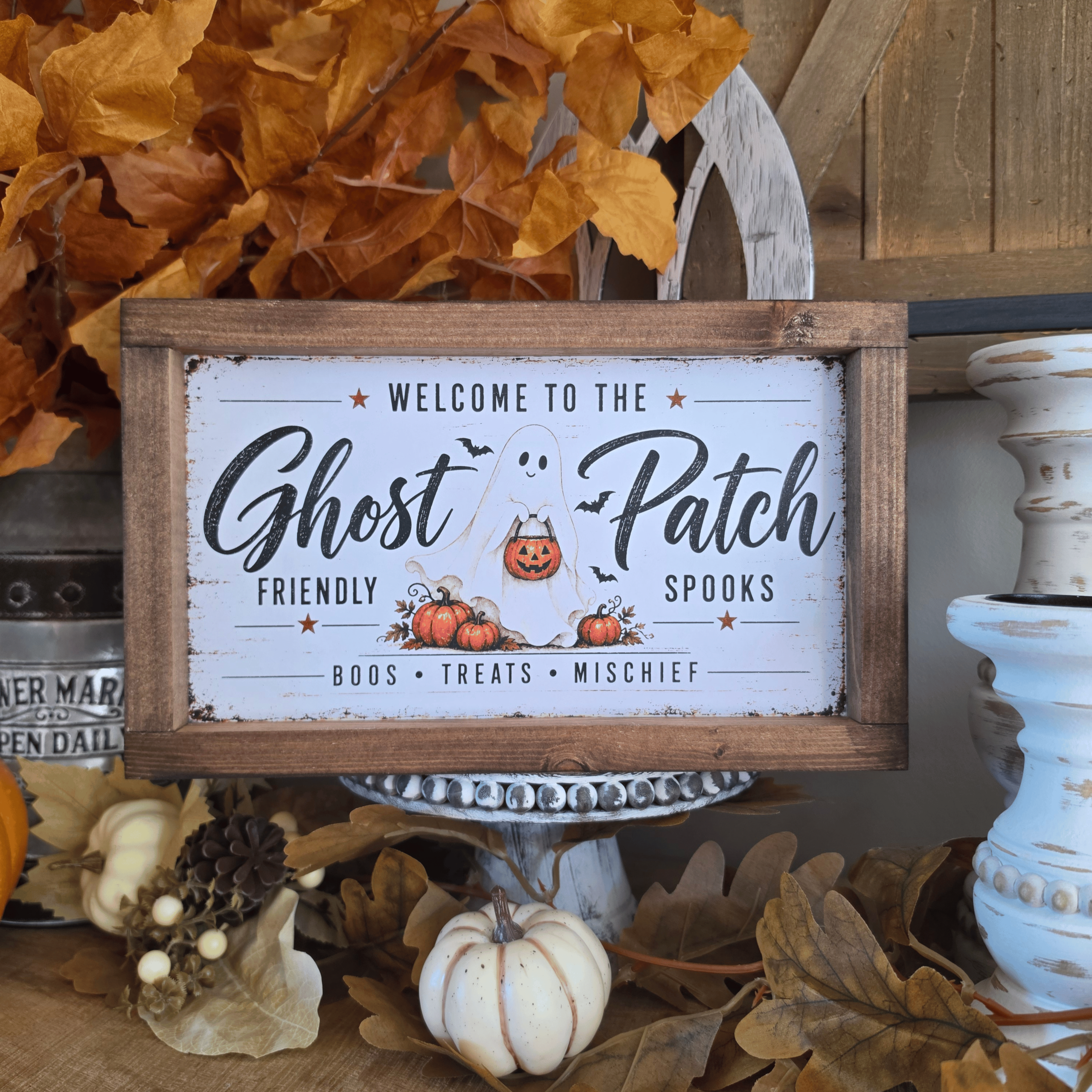 Cadre farmhouse Halloween Ghost Patch avec fantôme et citrouilles