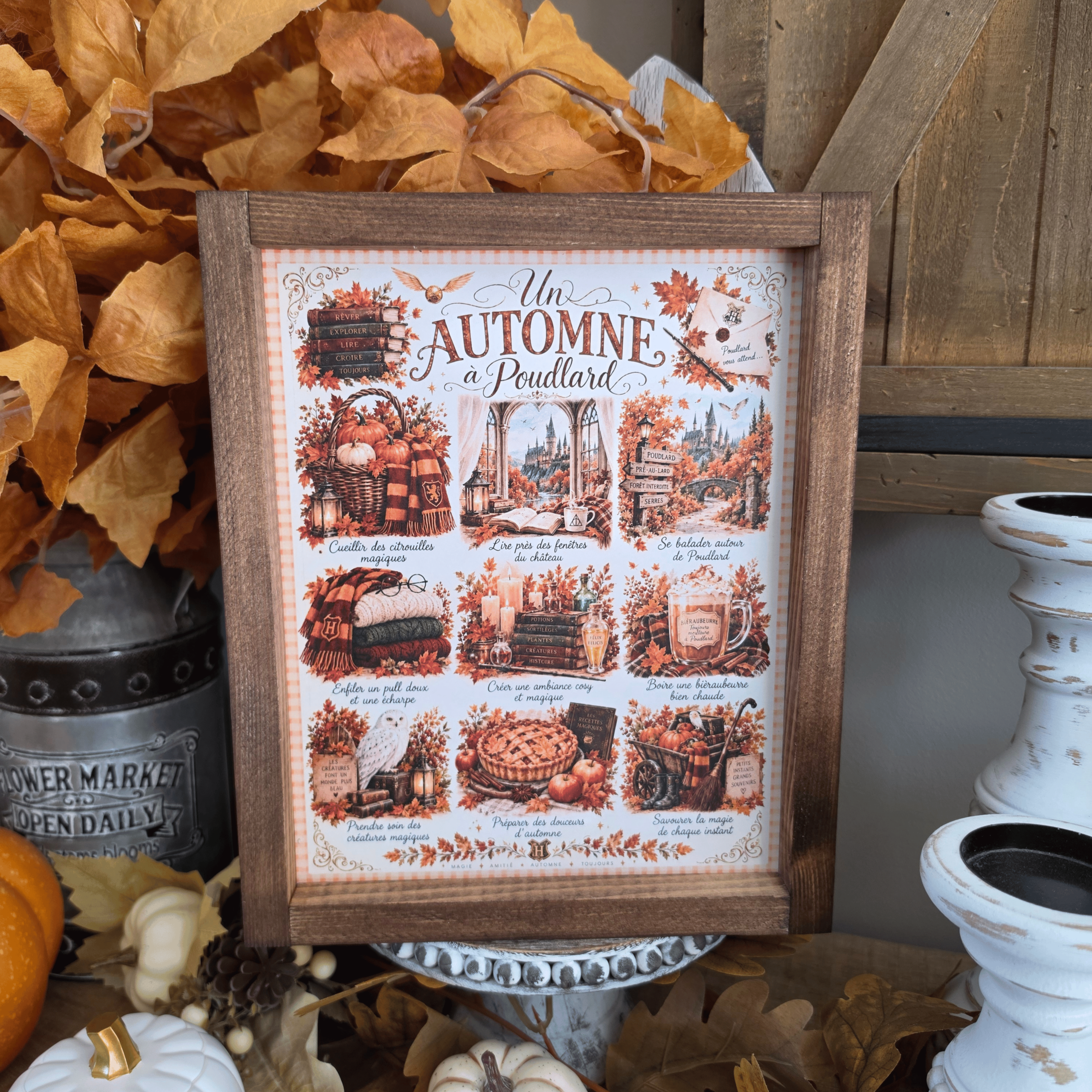 Cadre automne Poudlard farmhouse avec citrouilles et décor magique