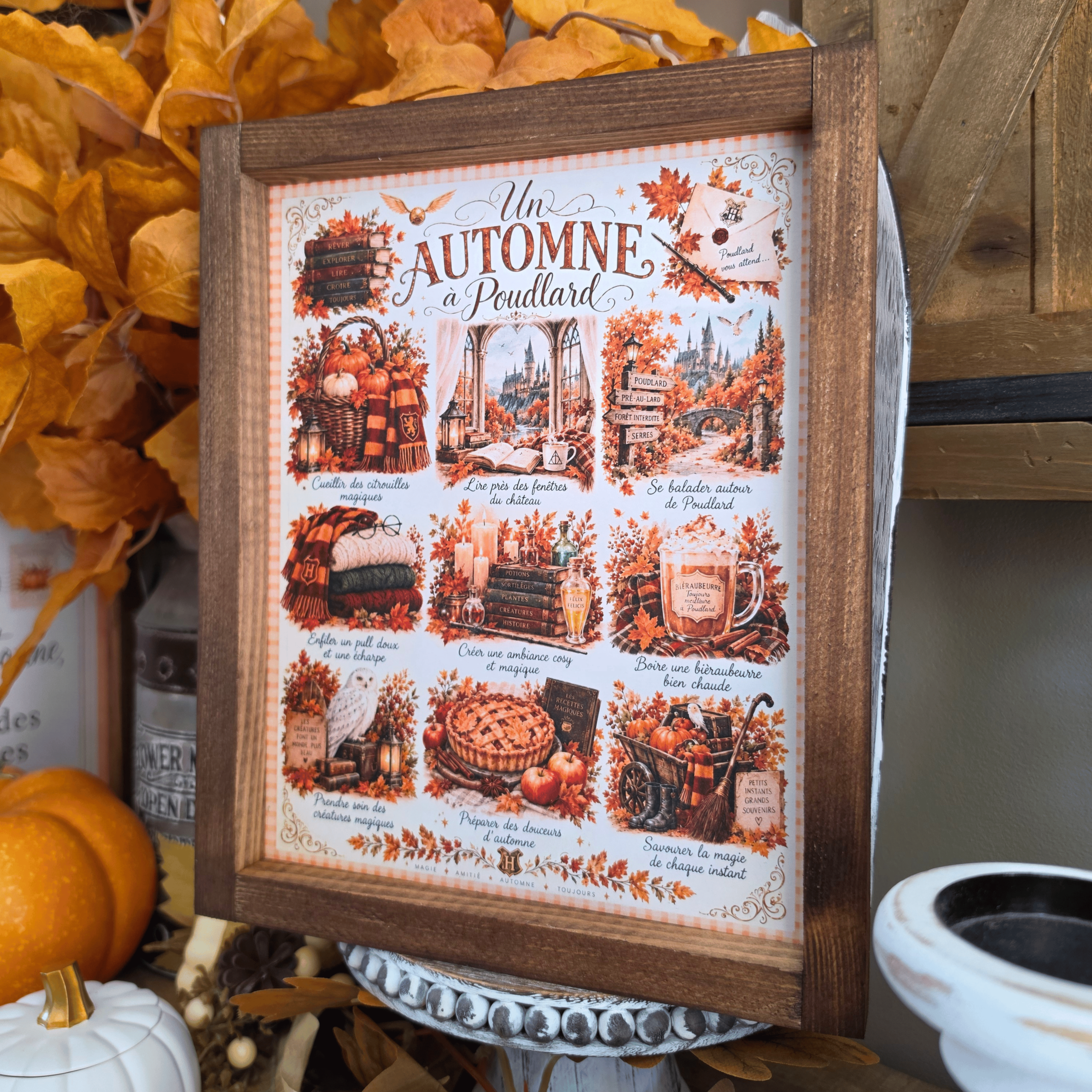 Cadre automne Poudlard farmhouse avec citrouilles et décor magique