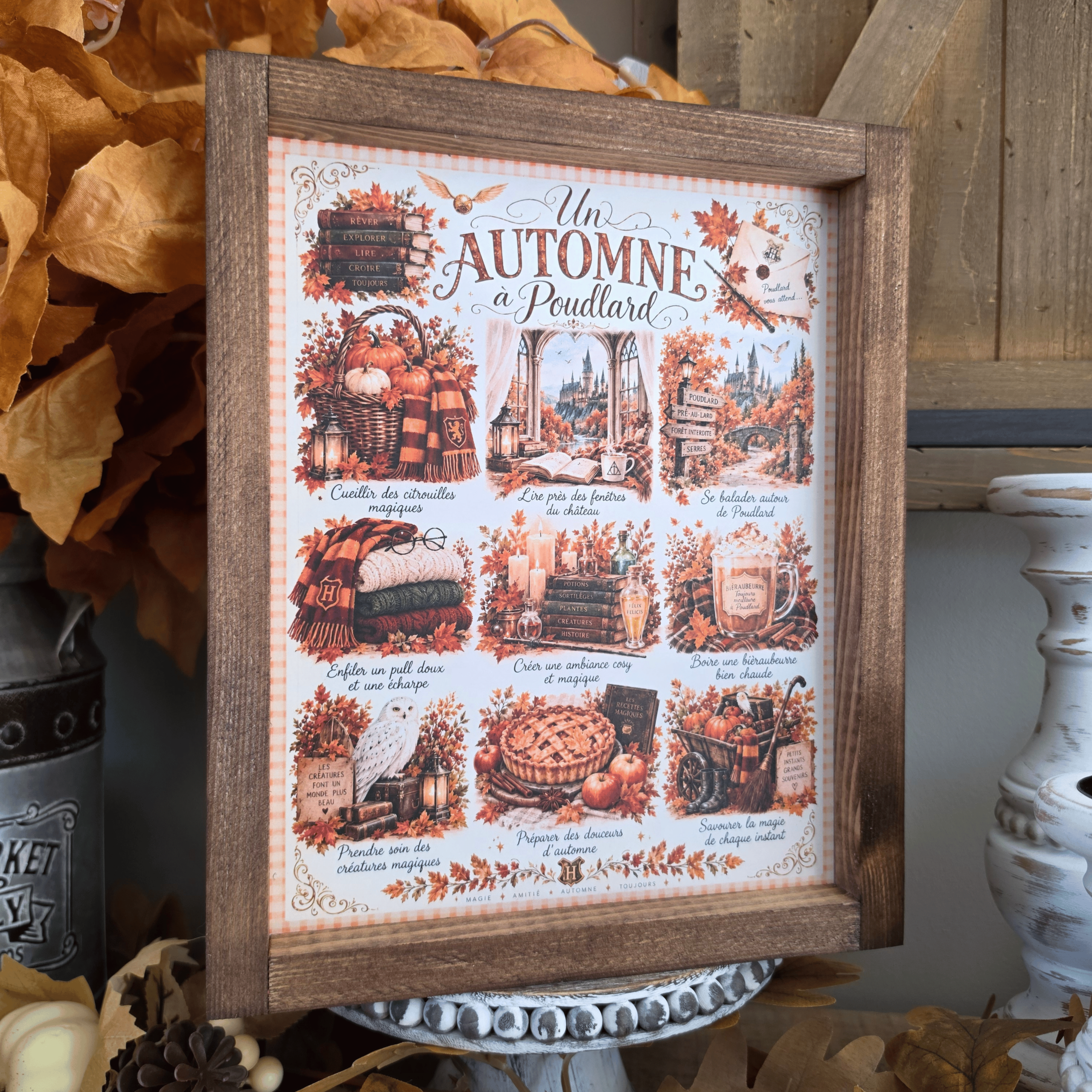 Cadre automne Poudlard farmhouse avec citrouilles et décor magique