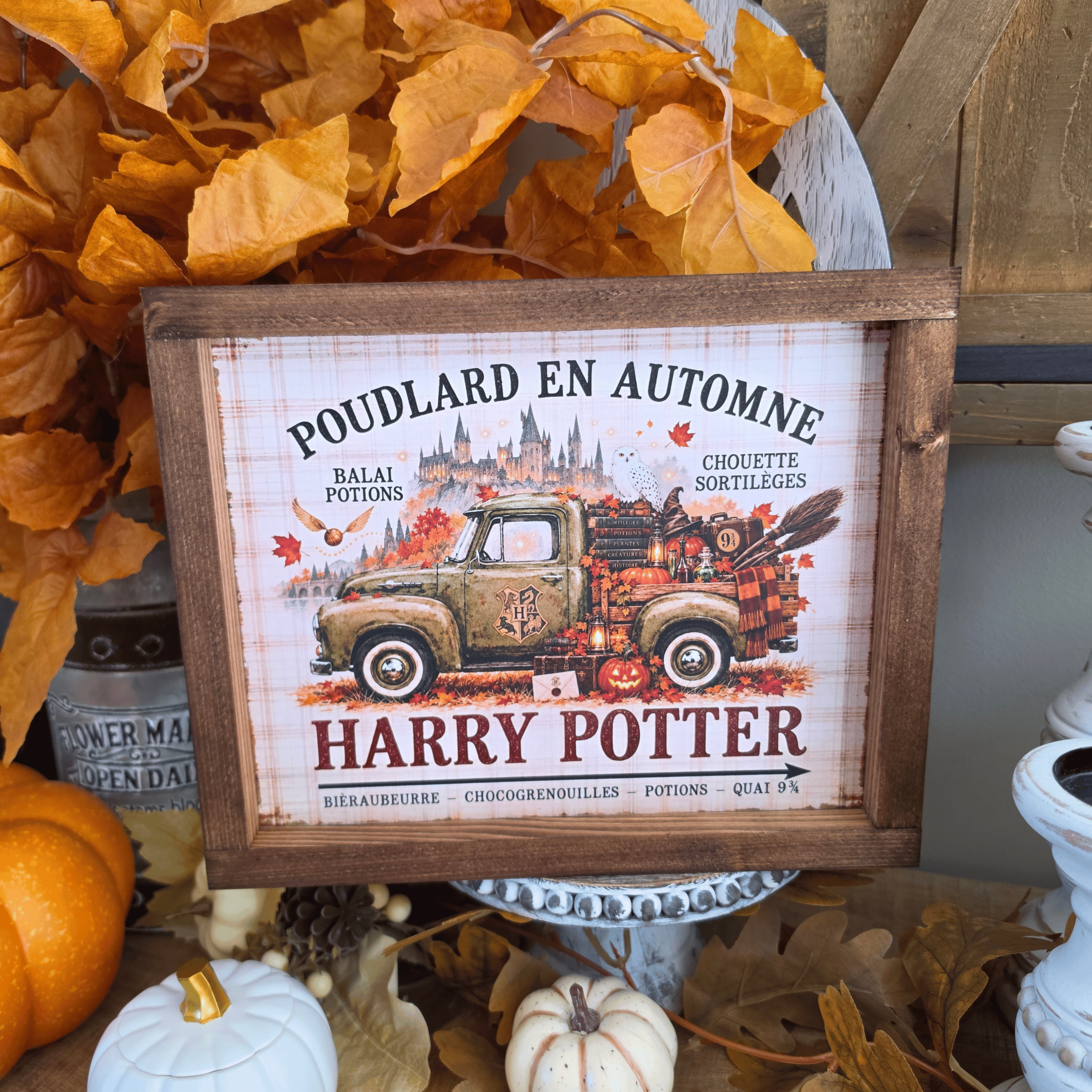 Cadre Harry Potter Poudlard en automne avec pick-up et citrouilles