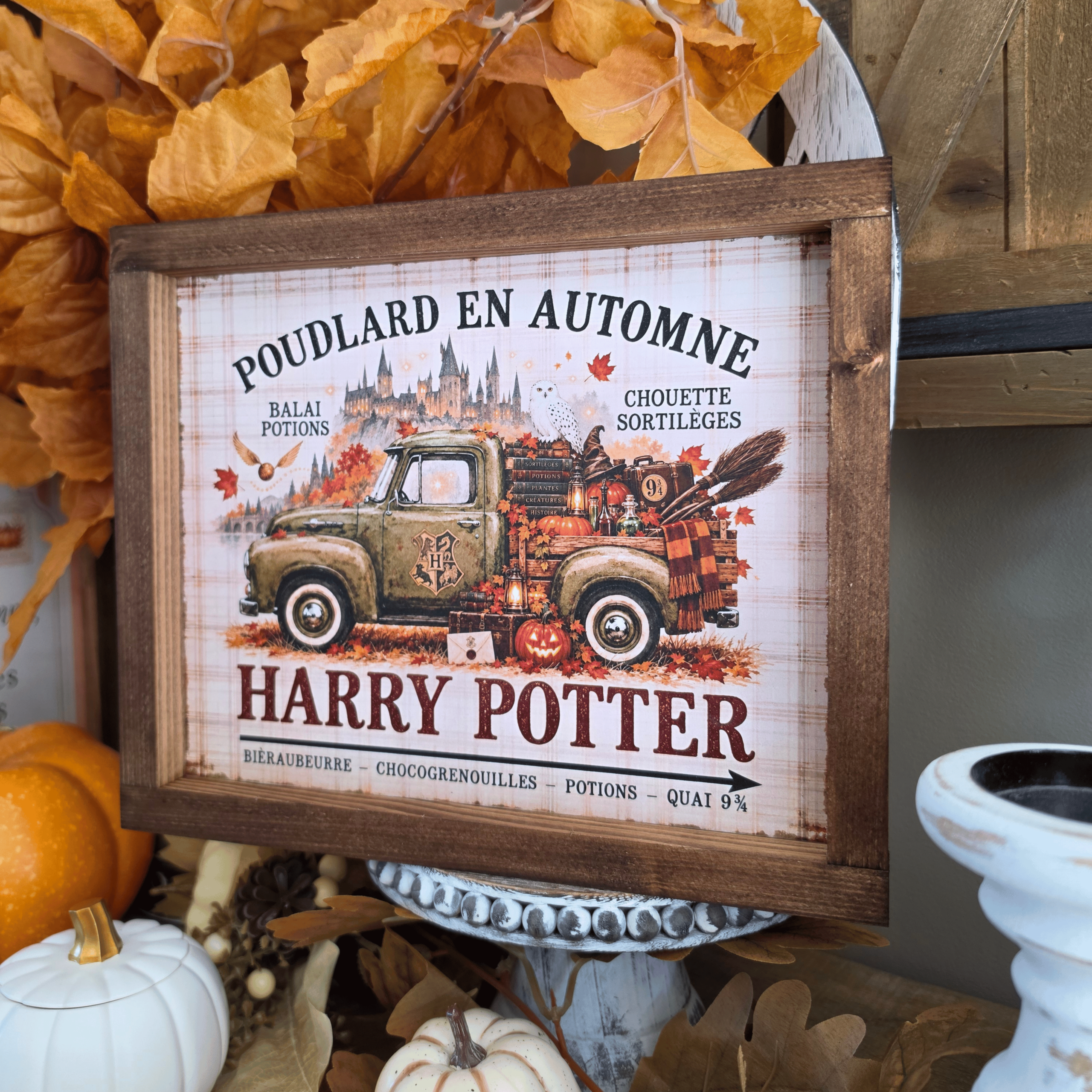 Cadre Harry Potter Poudlard en automne avec pick-up et citrouilles
