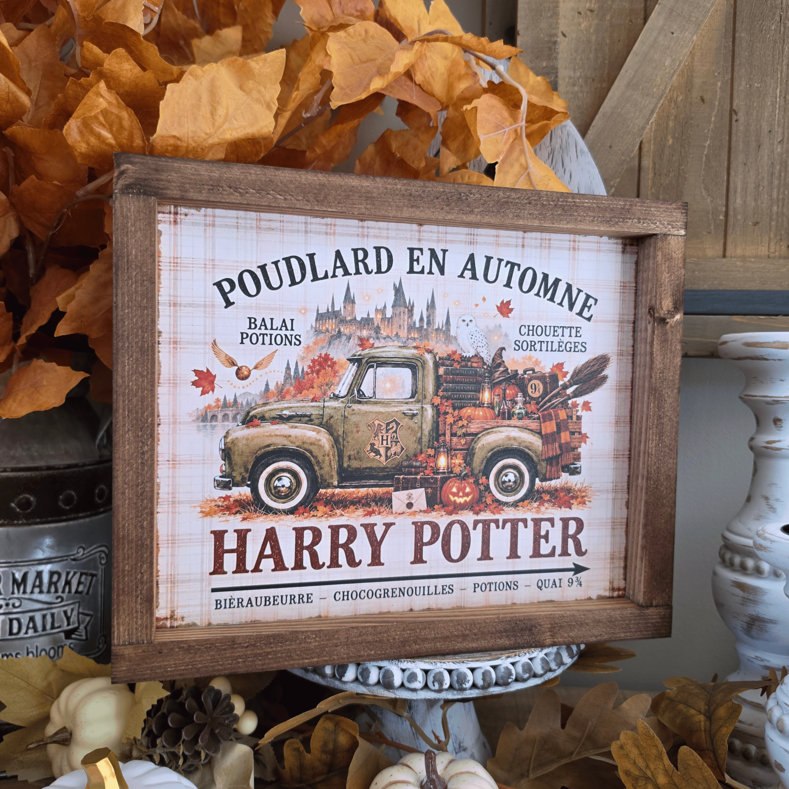 Cadre Harry Potter Poudlard en automne avec pick-up et citrouilles