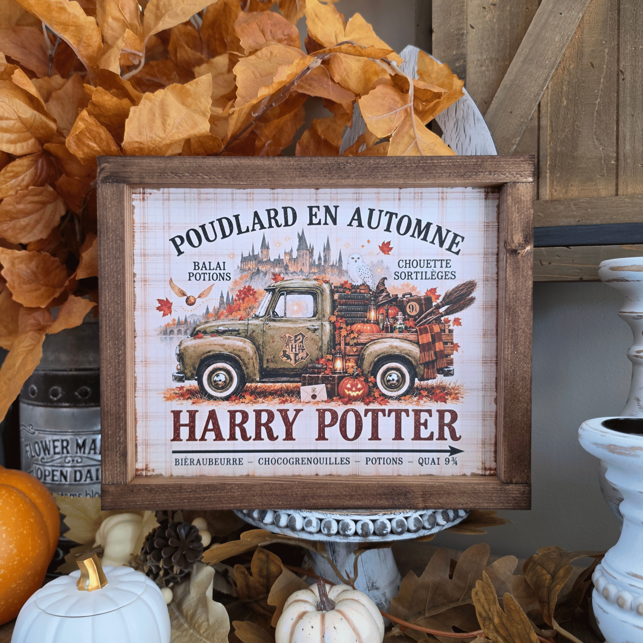 Cadre Harry Potter Poudlard en automne avec pick-up et citrouilles
