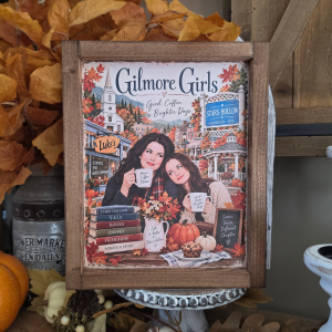 Cadre Gilmore Girls Stars Hollow automne avec café livres et citrouilles