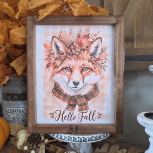 Cadre farmhouse automne Hello Fall avec renard et feuillages