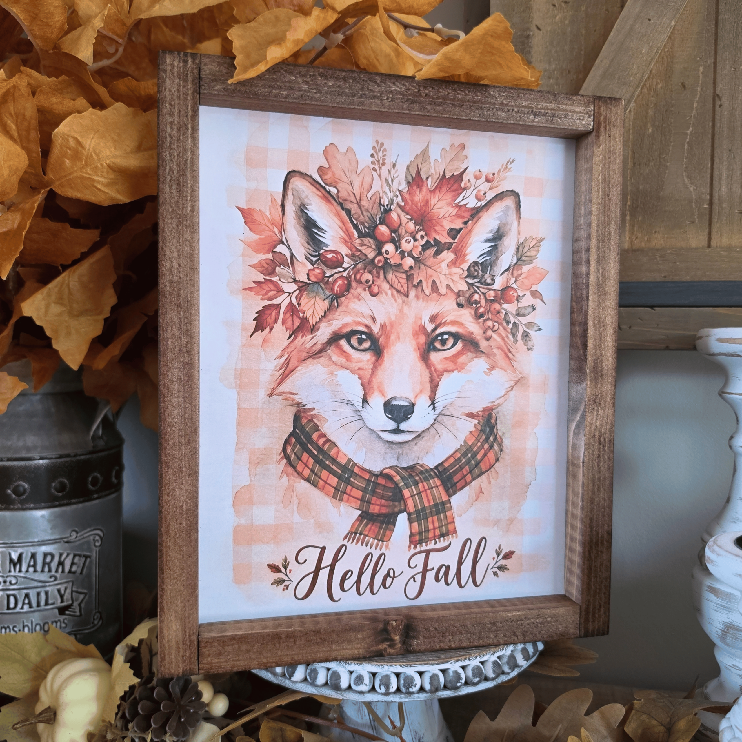 Cadre farmhouse automne Hello Fall avec renard et feuillages