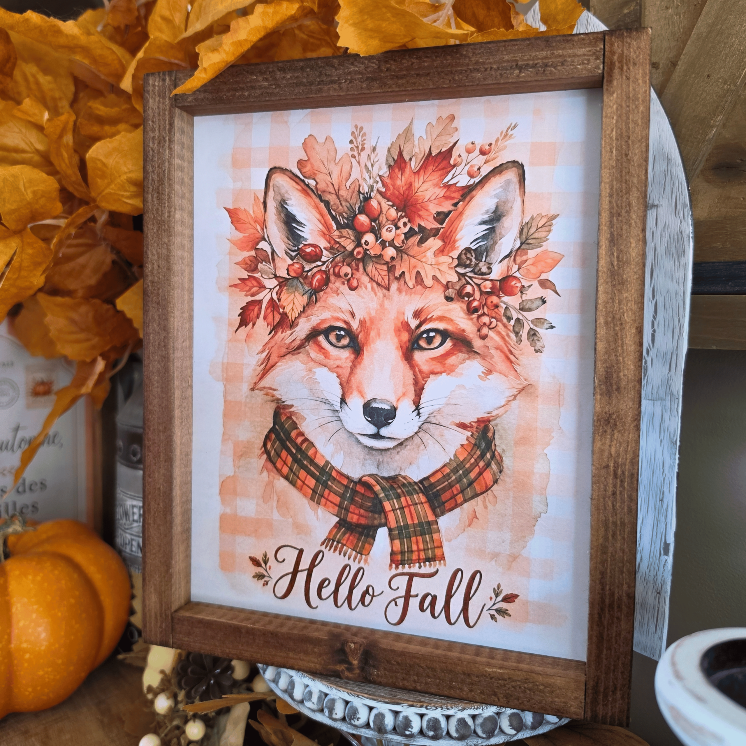 Cadre farmhouse automne Hello Fall avec renard et feuillages