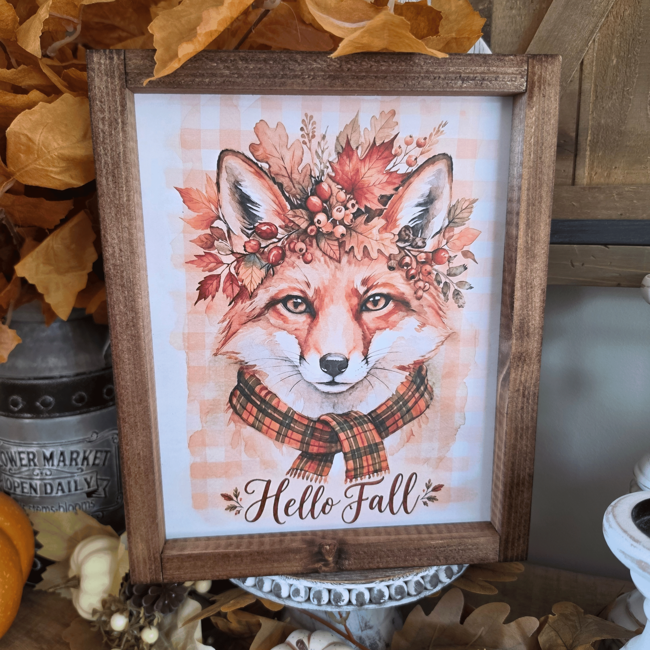 Cadre farmhouse automne Hello Fall avec renard et feuillages