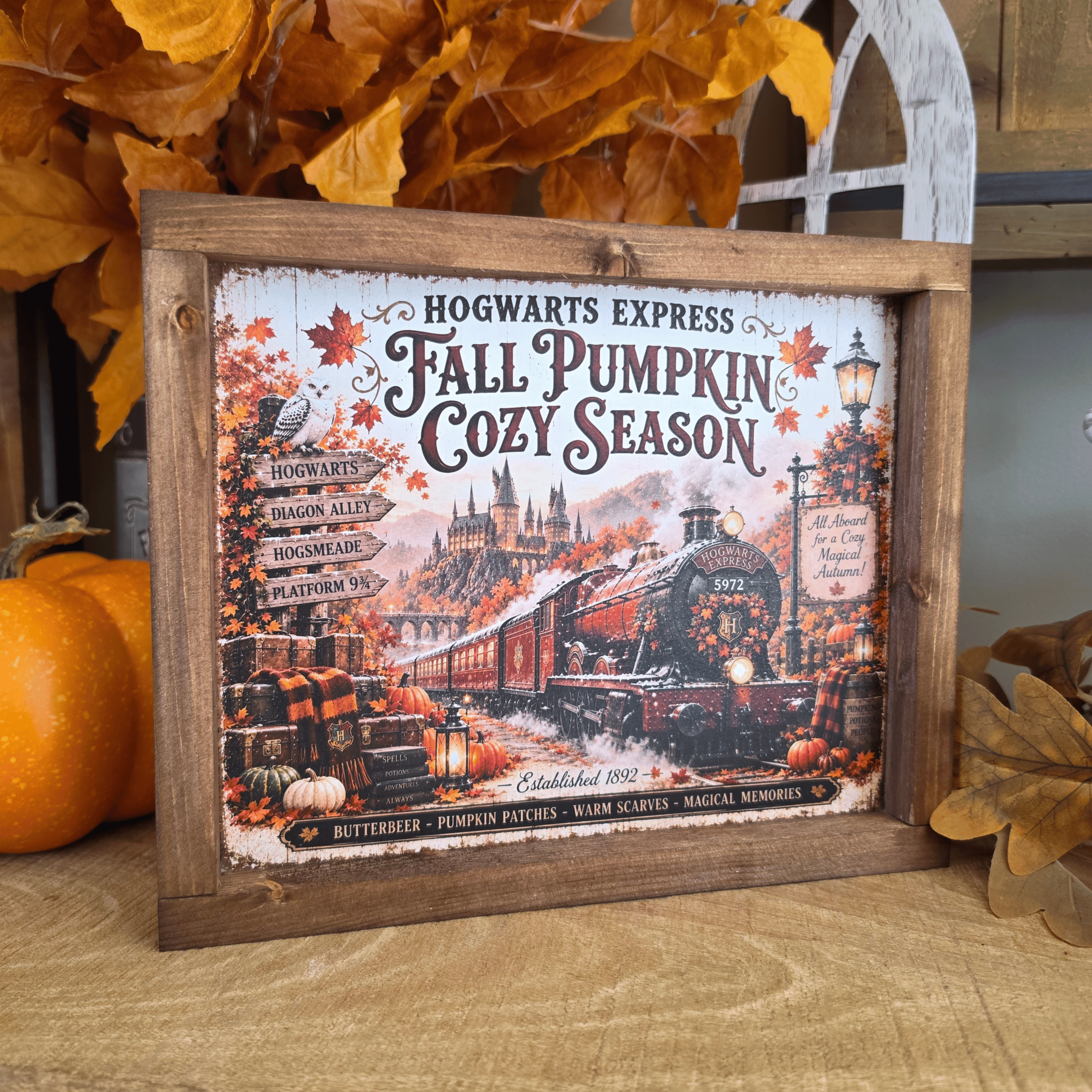 Cadre sign Hogwarts Express automne avec train rouge et citrouilles