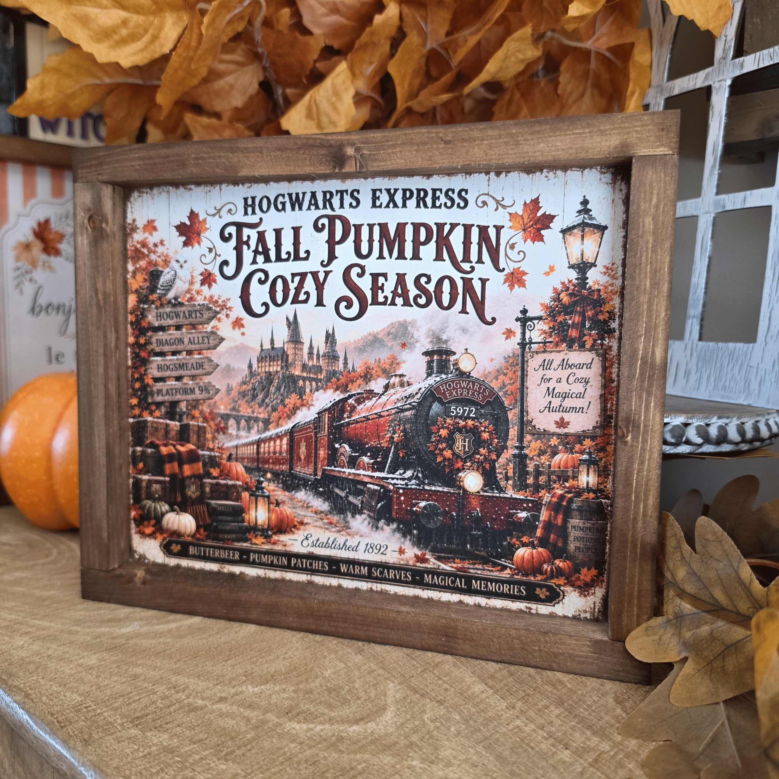 Cadre sign Hogwarts Express automne avec train rouge et citrouilles