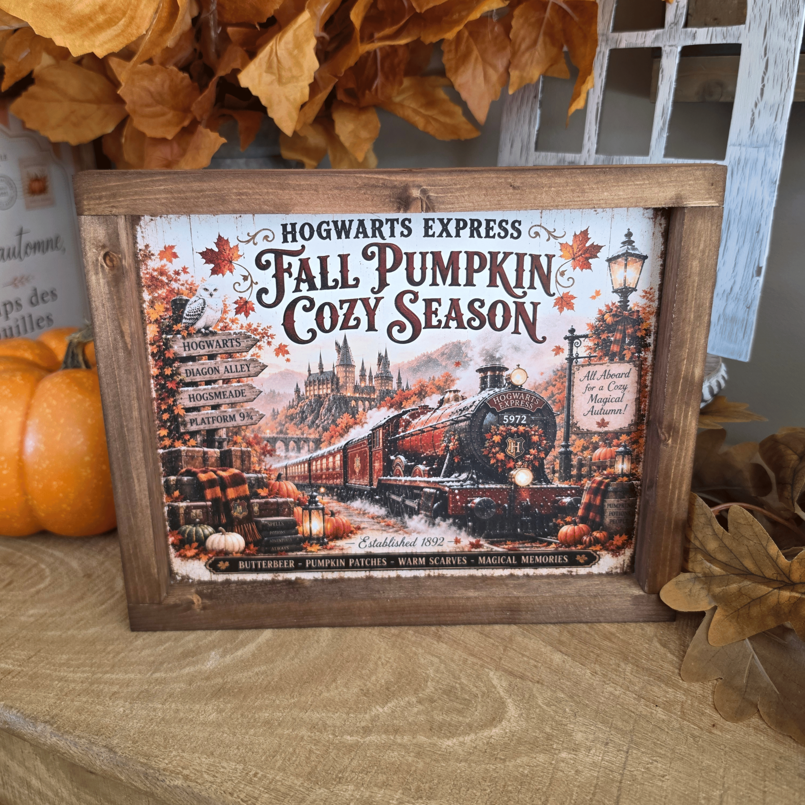 Cadre sign Hogwarts Express automne avec train rouge et citrouilles