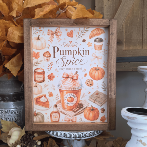 Cadre sign farmhouse Pumpkin Spice avec citrouilles et café automnal