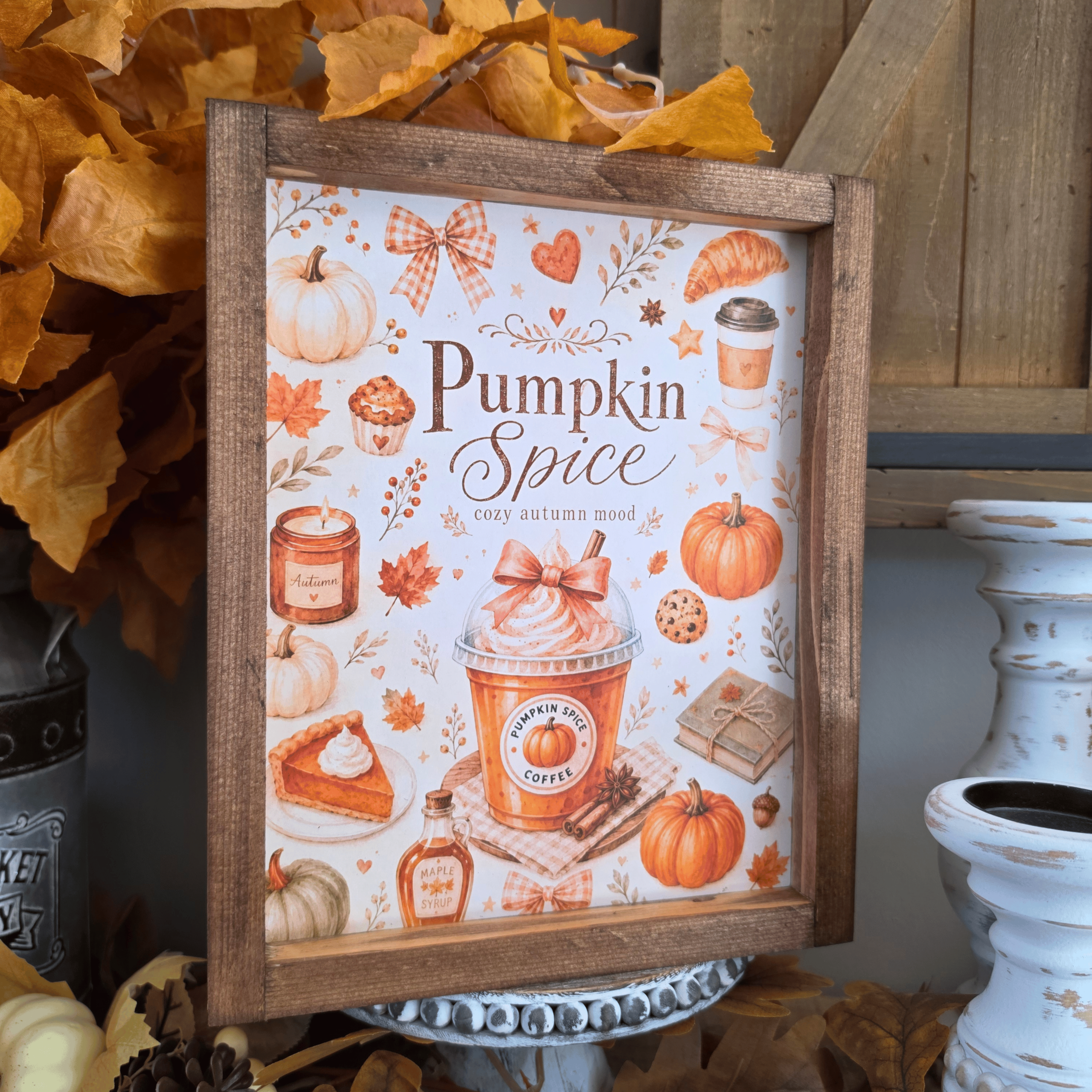 Cadre sign farmhouse Pumpkin Spice avec citrouilles et café automnal