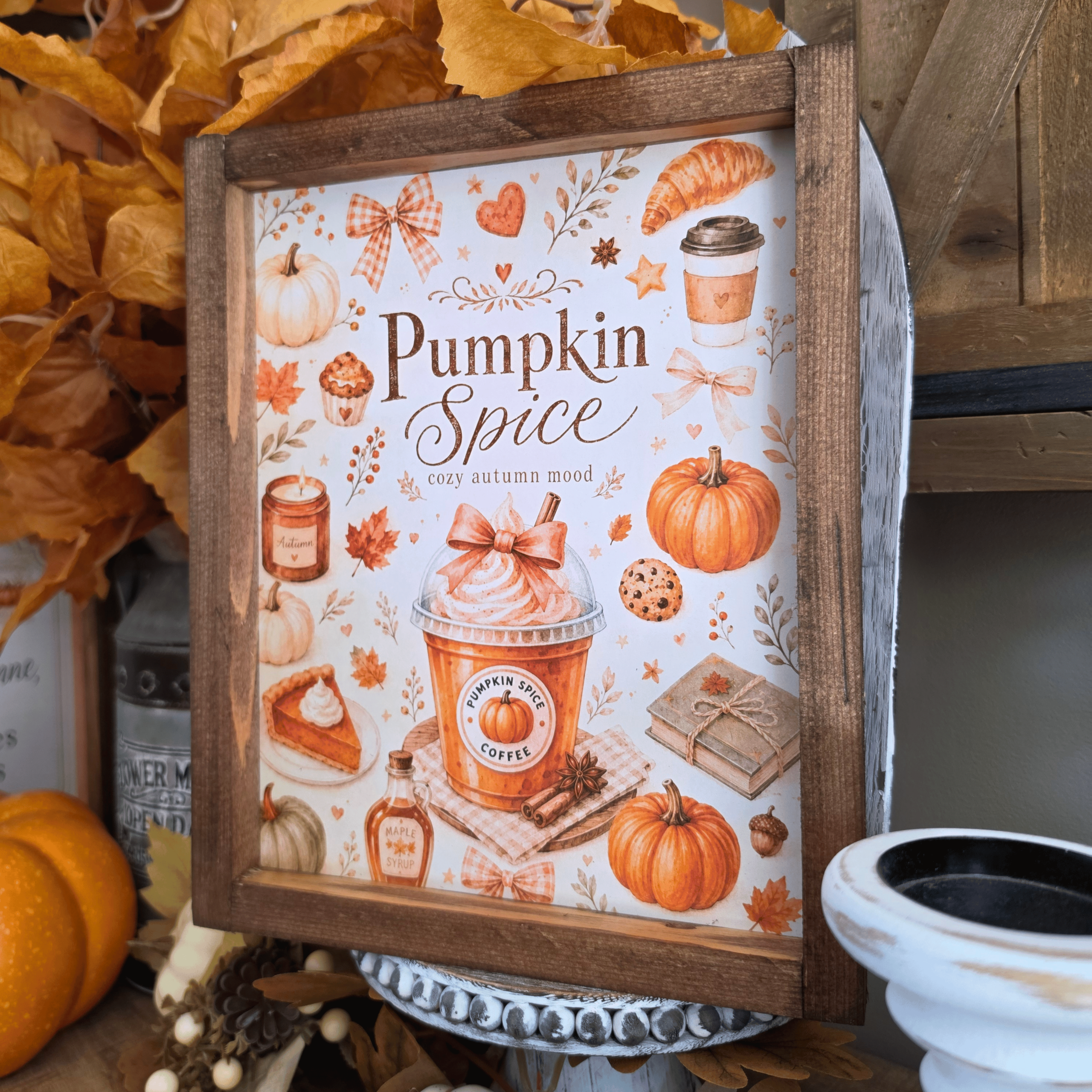 Cadre sign farmhouse Pumpkin Spice avec citrouilles et café automnal