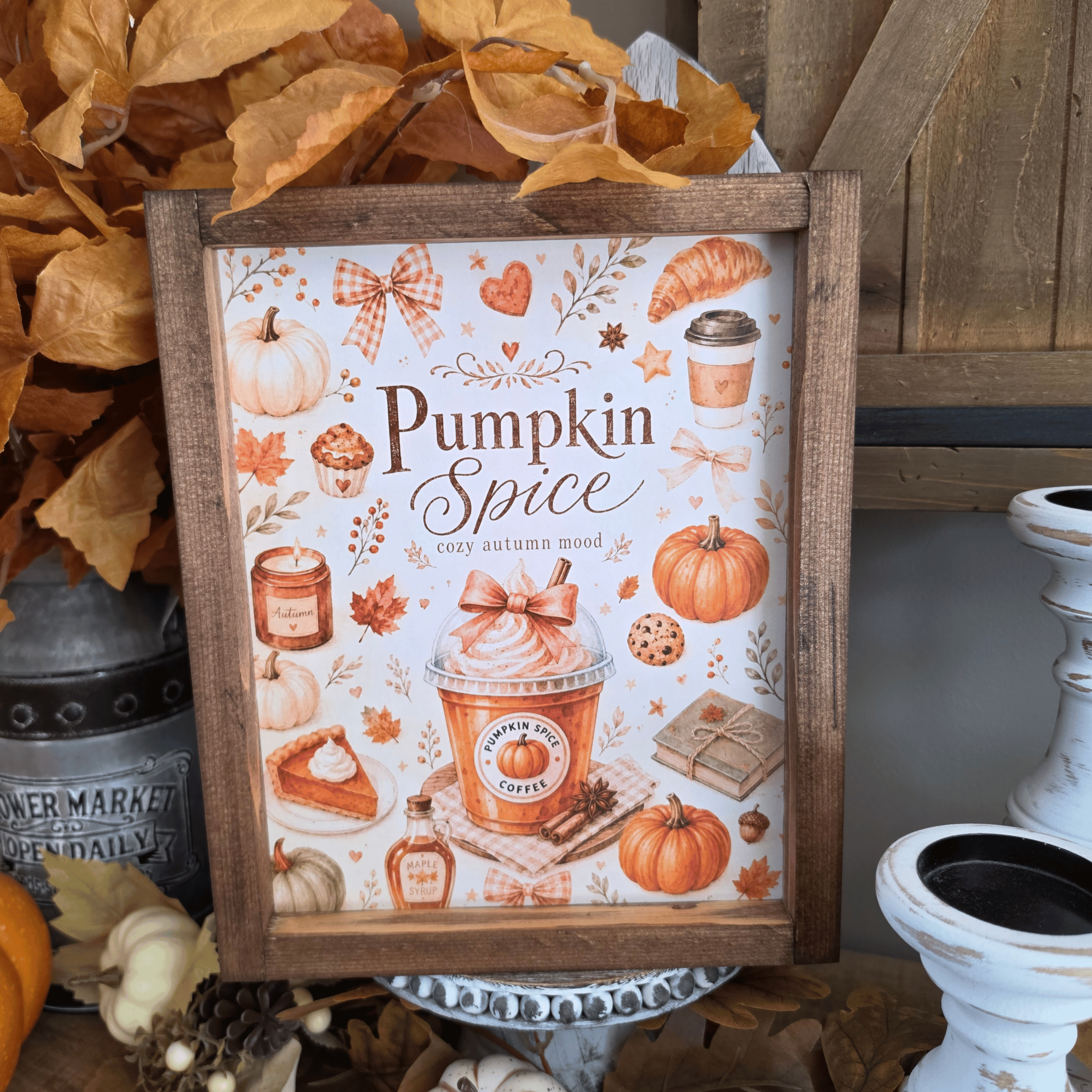 Cadre sign farmhouse Pumpkin Spice avec citrouilles et café automnal