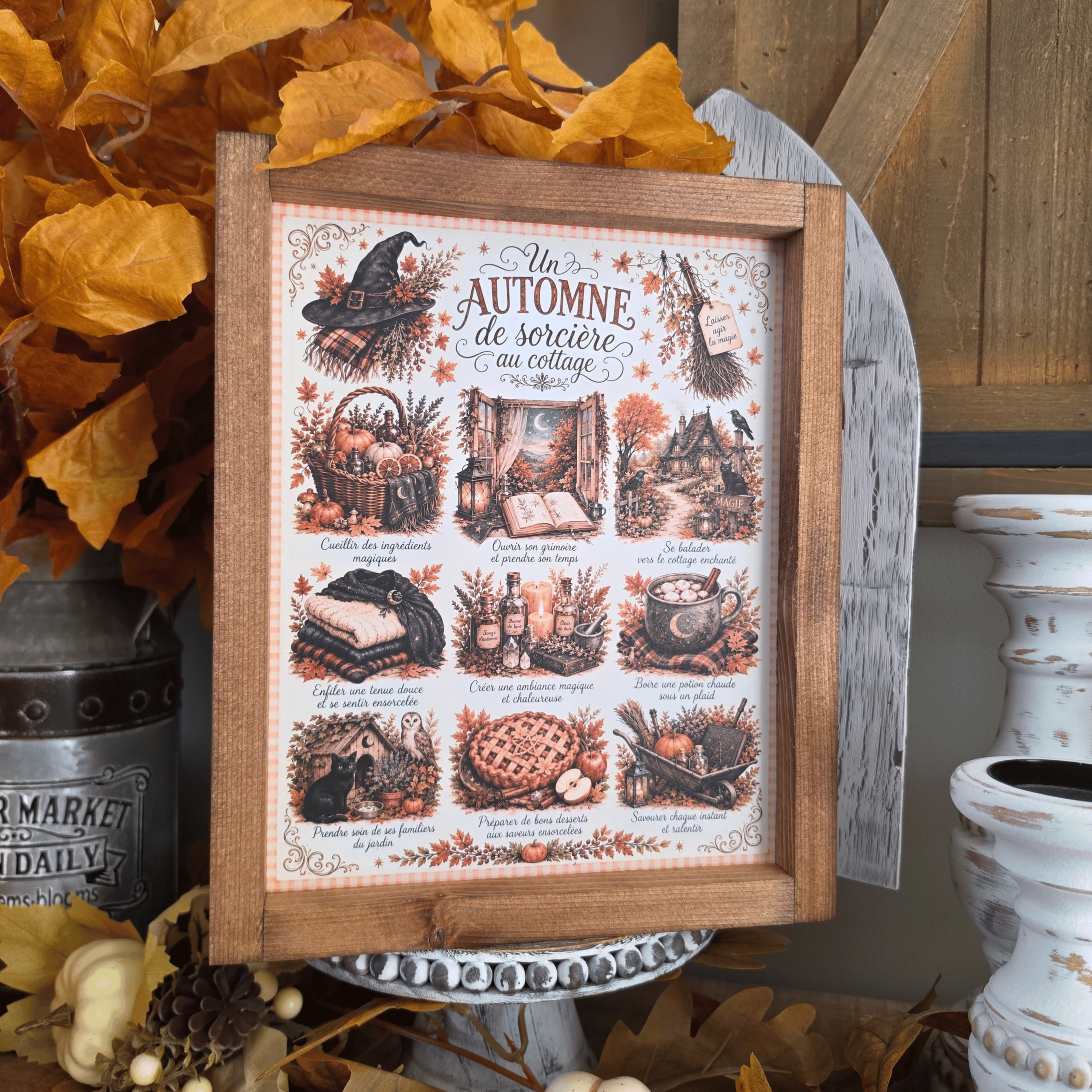 Cadre automne sorcière cottage avec citrouilles grimoire et potions