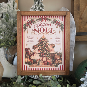 Cadre farmhouse Joyeux Noël avec enfants sapin et cadeaux