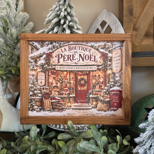 Cadre Boutique du Père Noël avec jouets anciens, sapins et cadeaux