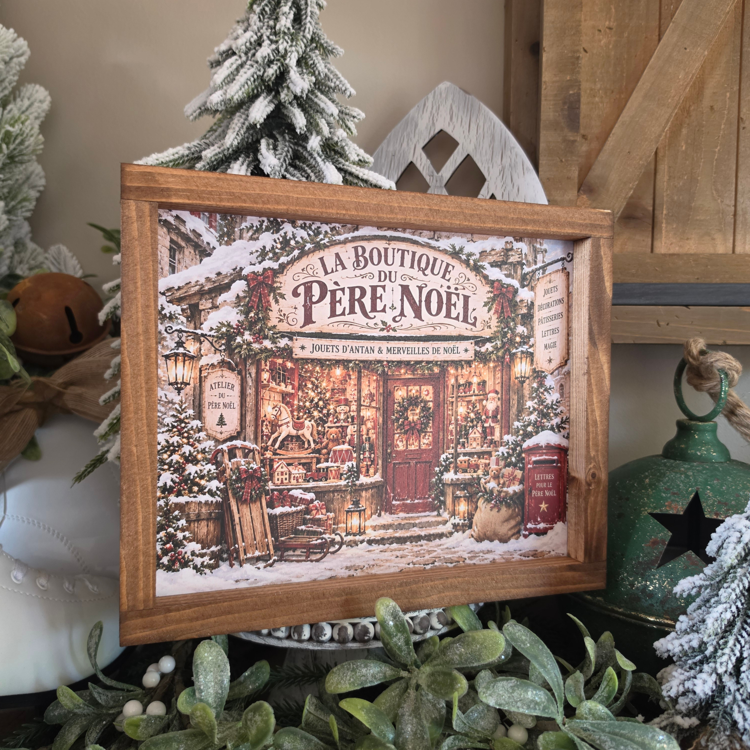 Cadre Boutique du Père Noël avec jouets anciens, sapins et cadeaux