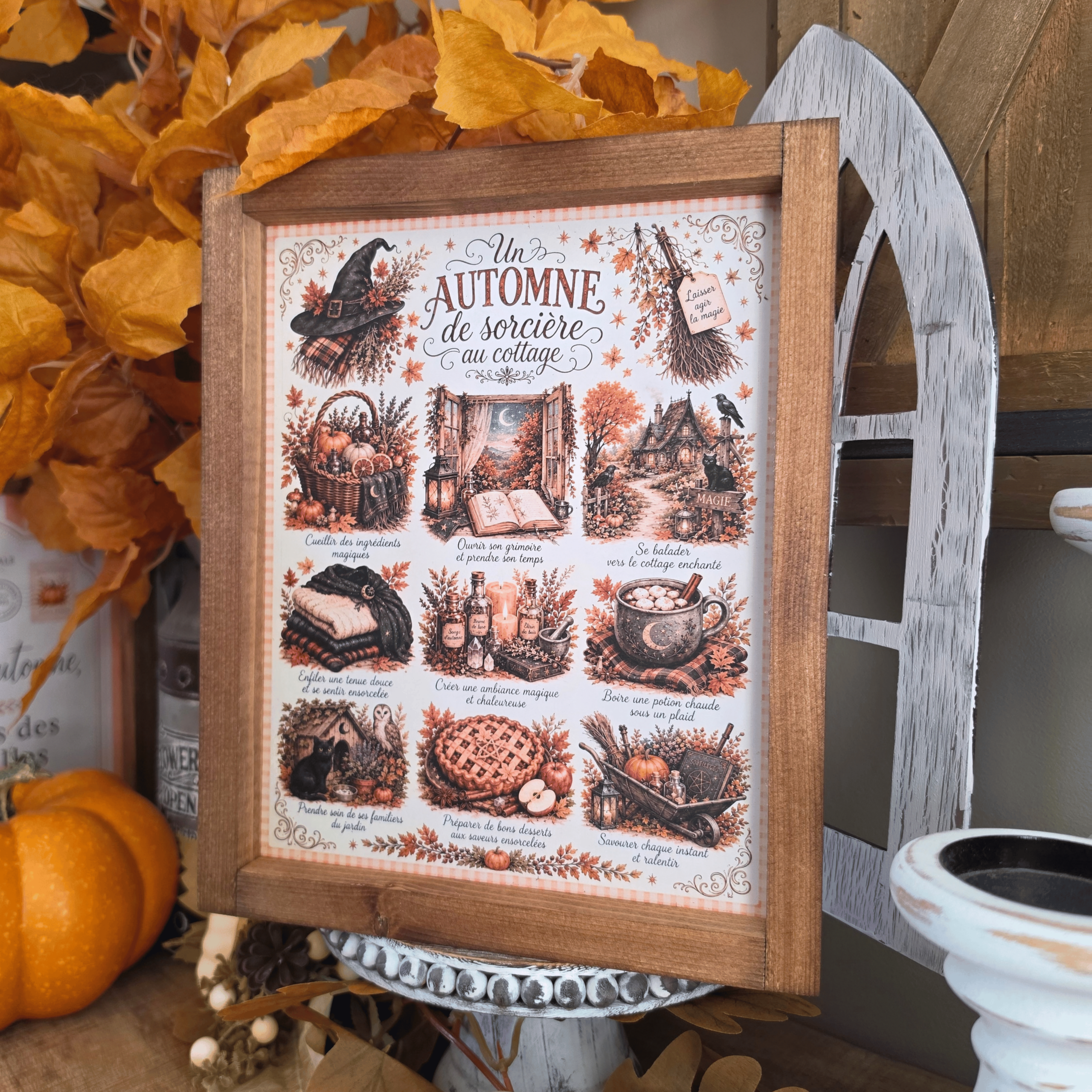 Cadre automne sorcière cottage avec citrouilles grimoire et potions