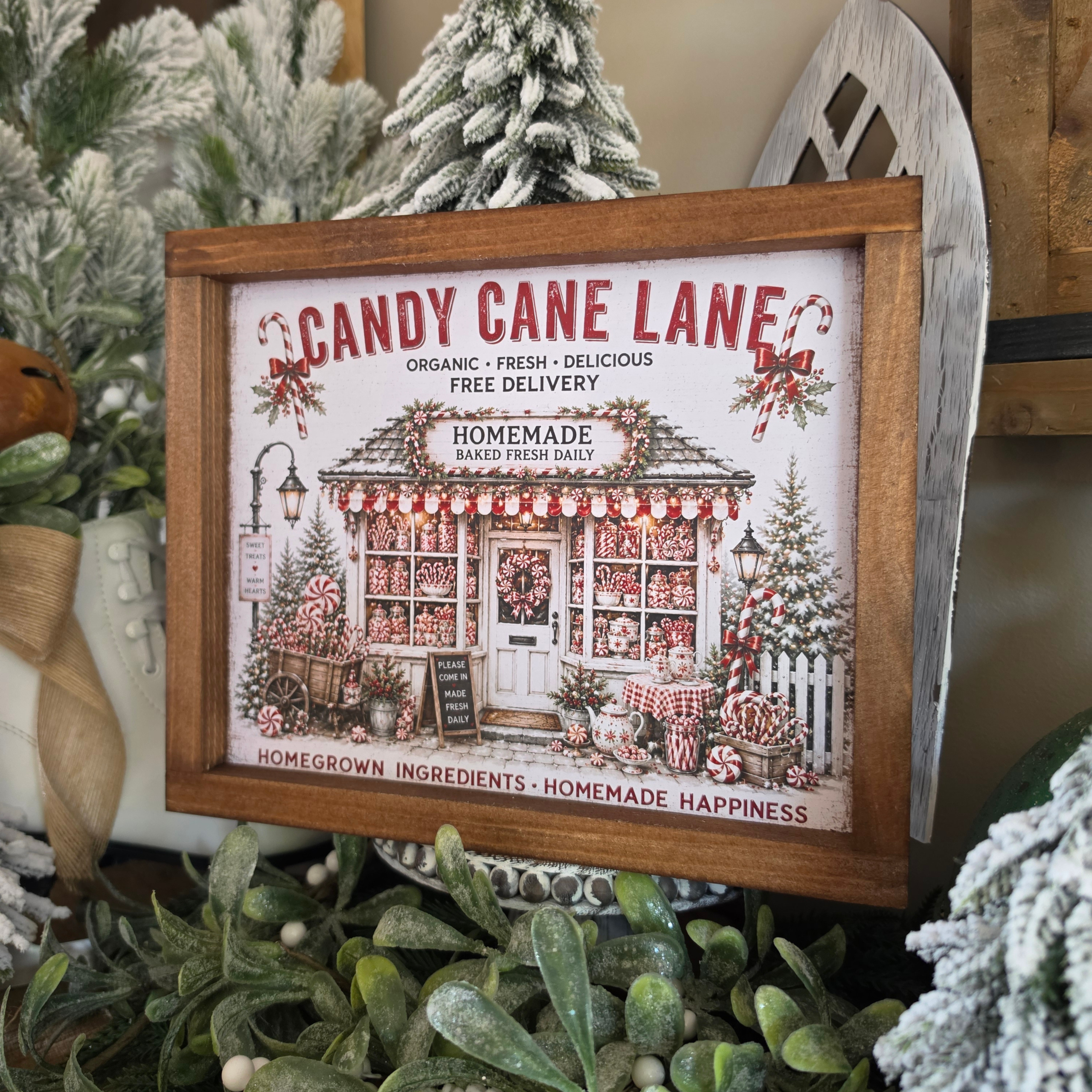 Cadre Candy Cane Lane Noël avec boutique et sucres d'orge