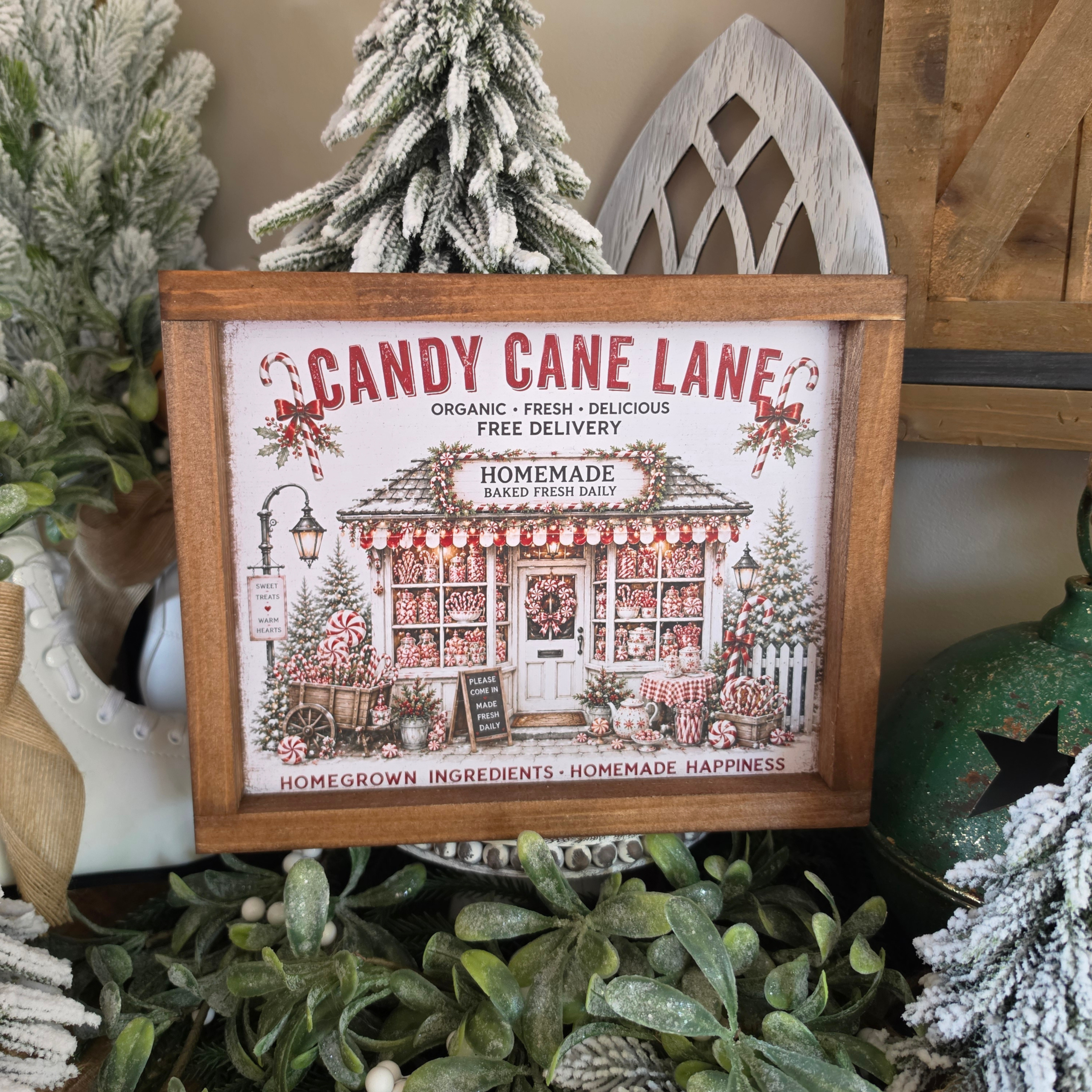 Cadre Candy Cane Lane Noël avec boutique et sucres d'orge