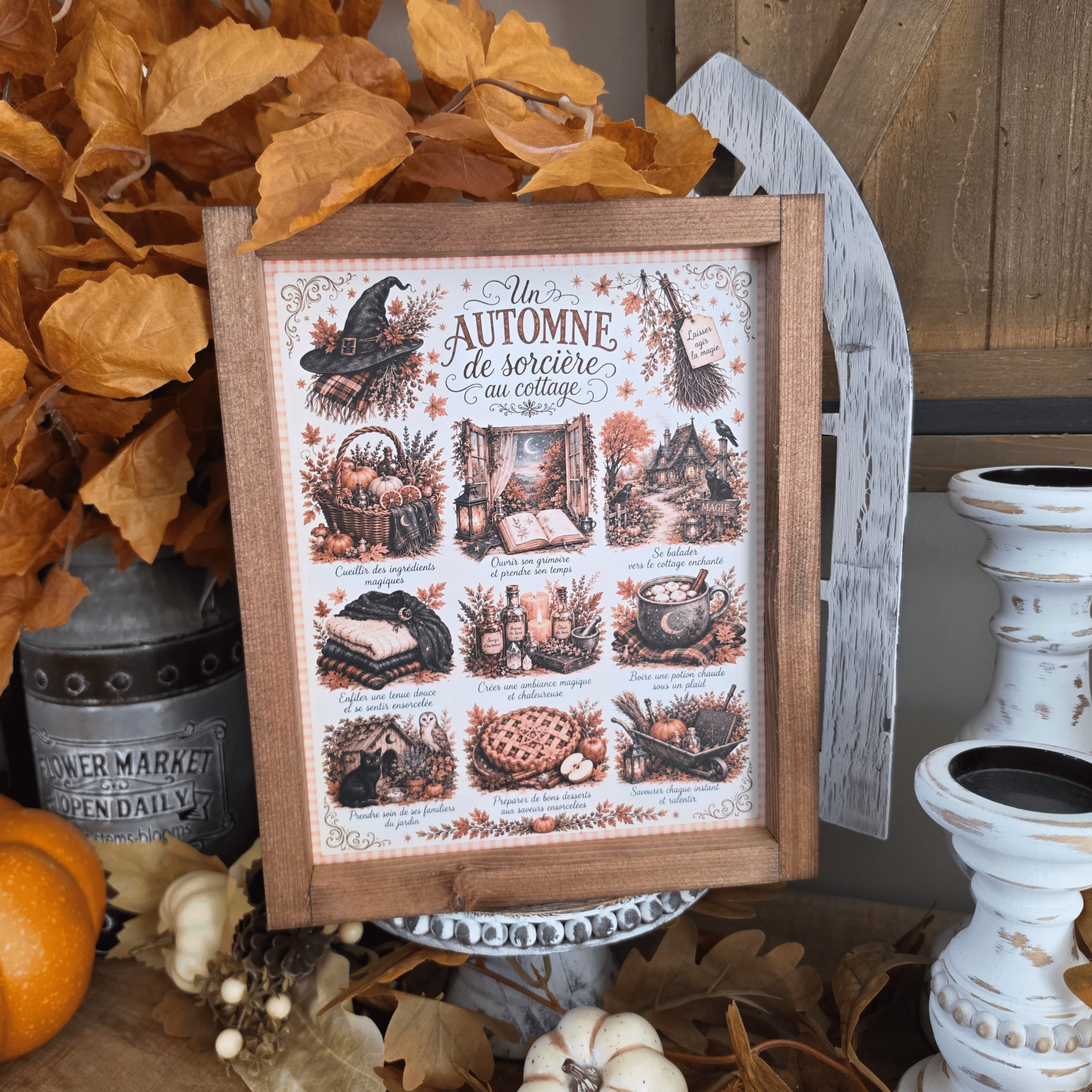 Cadre automne sorcière cottage avec citrouilles grimoire et potions