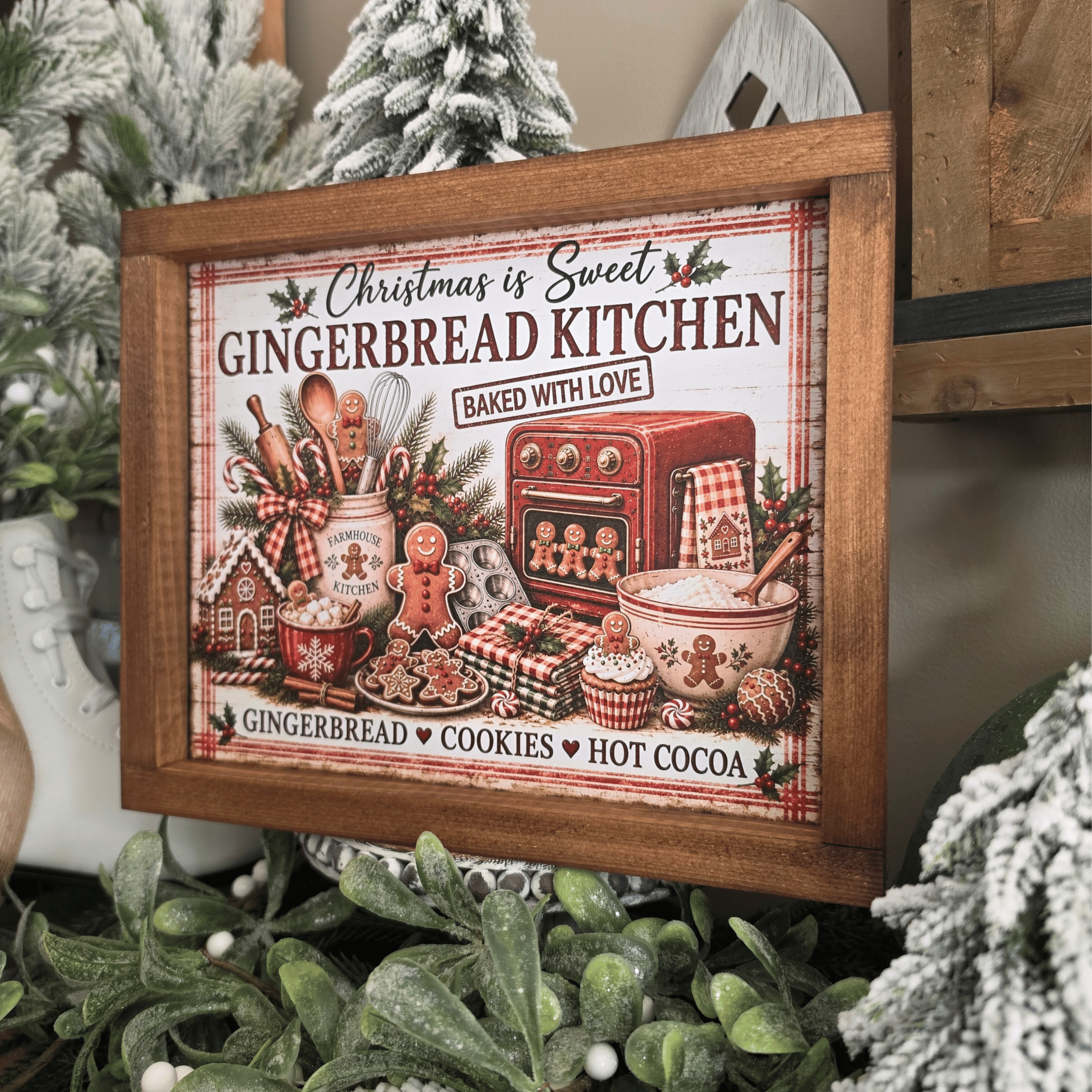 Cadre farmhouse Noël Gingerbread Kitchen avec bonhommes en pain d'épices
