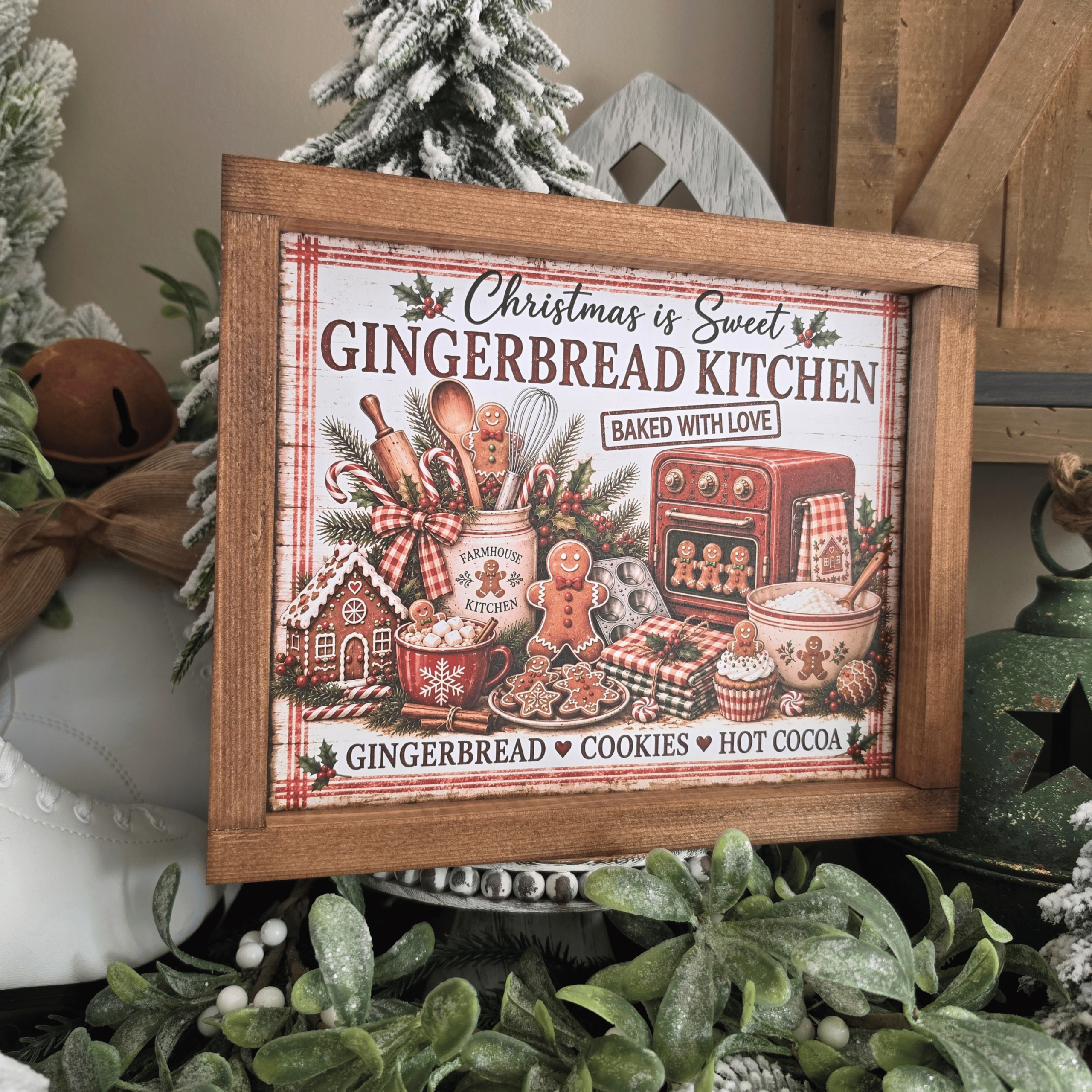 Cadre farmhouse Noël Gingerbread Kitchen avec bonhommes en pain d'épices