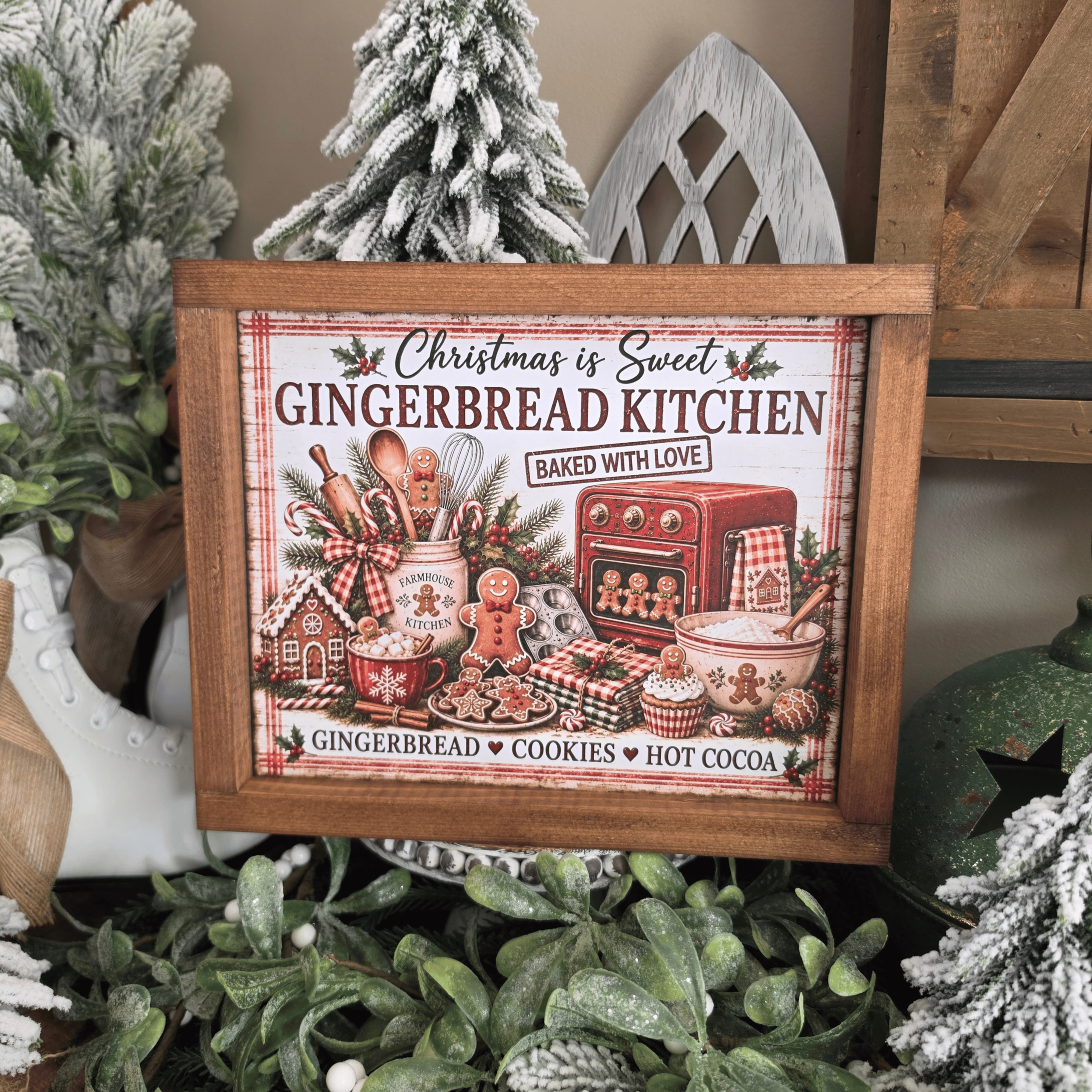Cadre farmhouse Noël Gingerbread Kitchen avec bonhommes en pain d'épices
