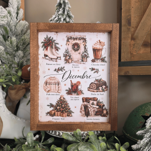 Cadre farmhouse Noël décembre avec chocolat chaud sapin et ambiance cosy
