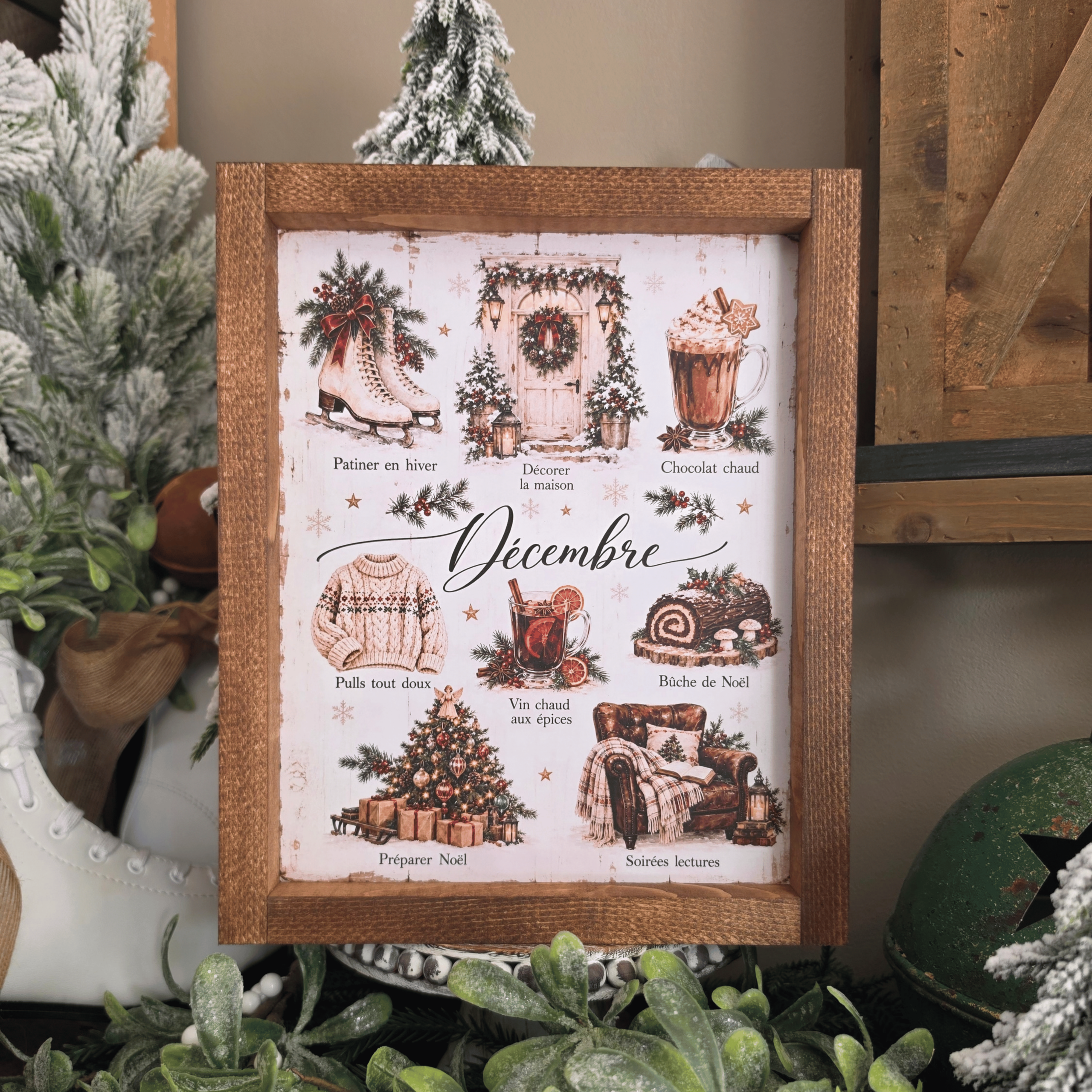 Cadre farmhouse Noël décembre avec chocolat chaud sapin et ambiance cosy
