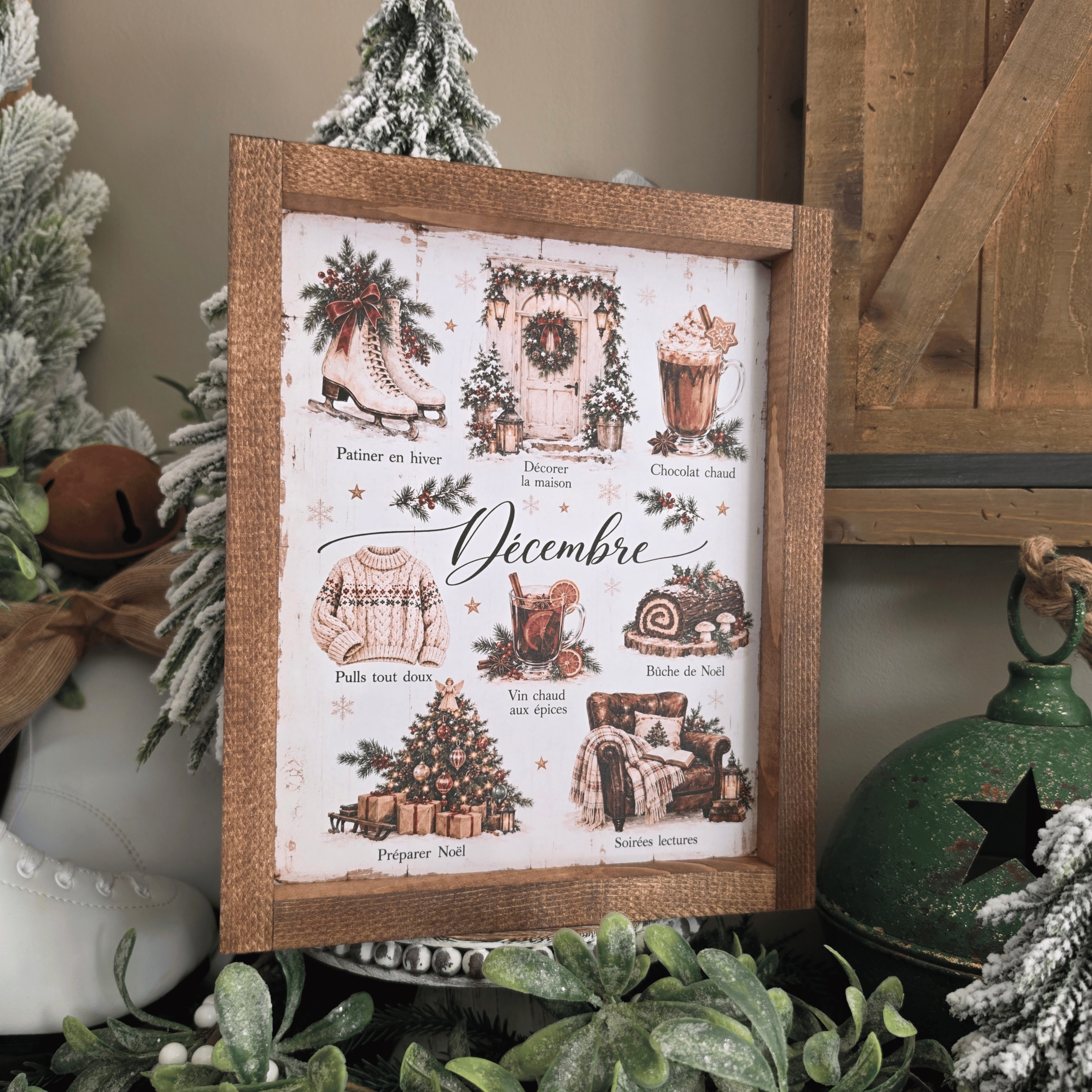 Cadre farmhouse Noël décembre avec chocolat chaud sapin et ambiance cosy