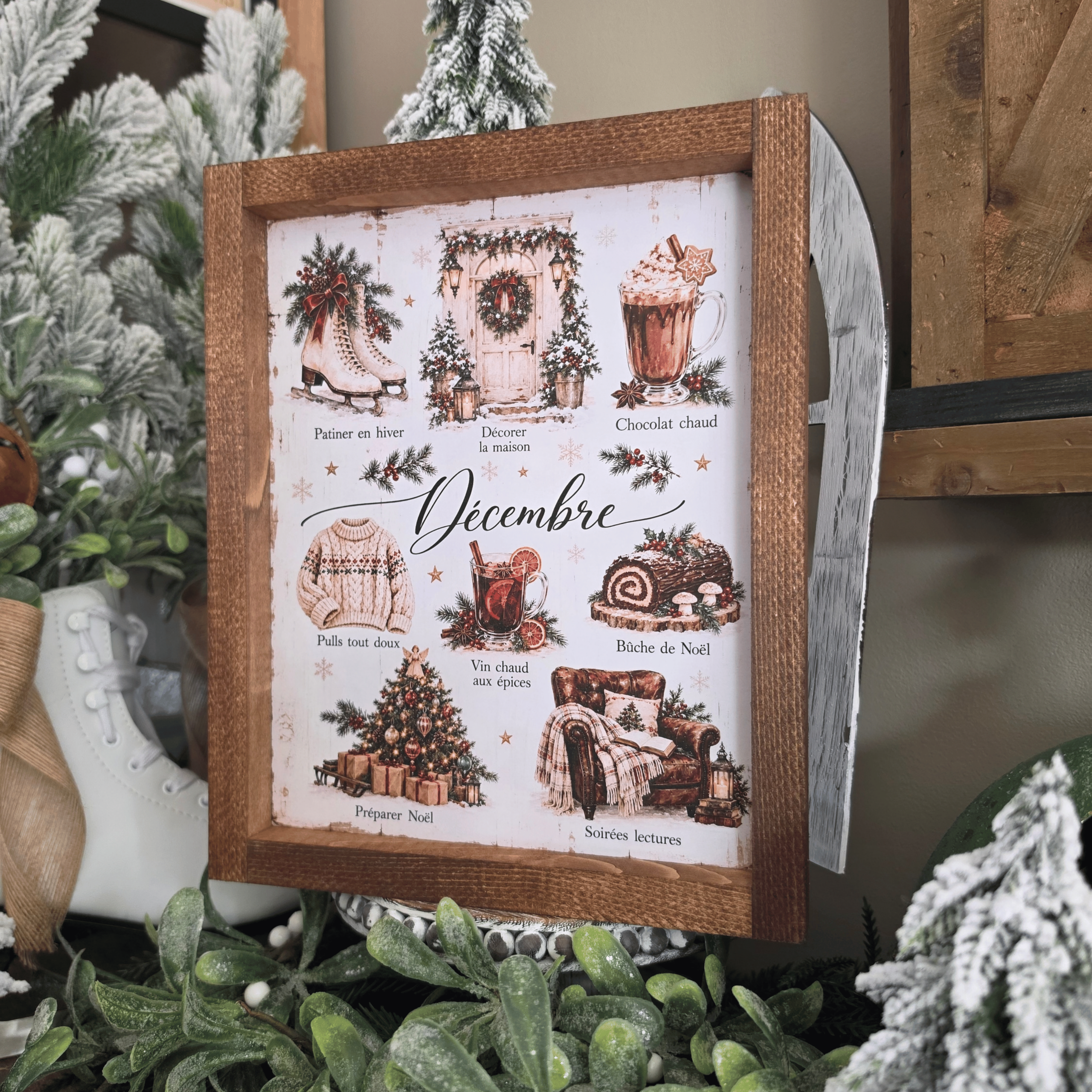Cadre farmhouse Noël décembre avec chocolat chaud sapin et ambiance cosy