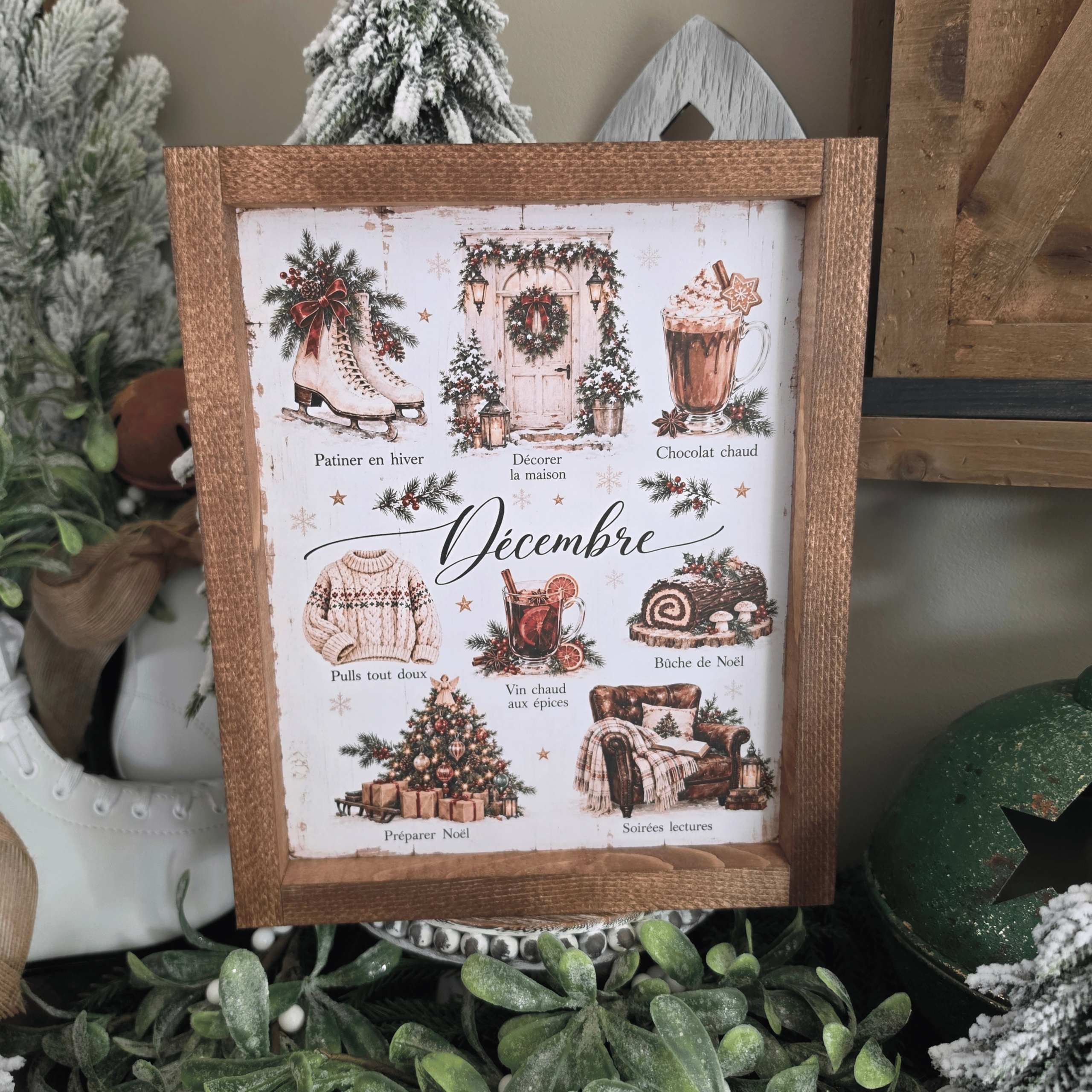 Cadre farmhouse Noël décembre avec chocolat chaud sapin et ambiance cosy